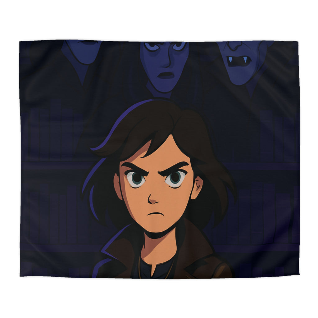 Housse de couette mystérieuse avec personnage sombre et biblio-thème style graphique