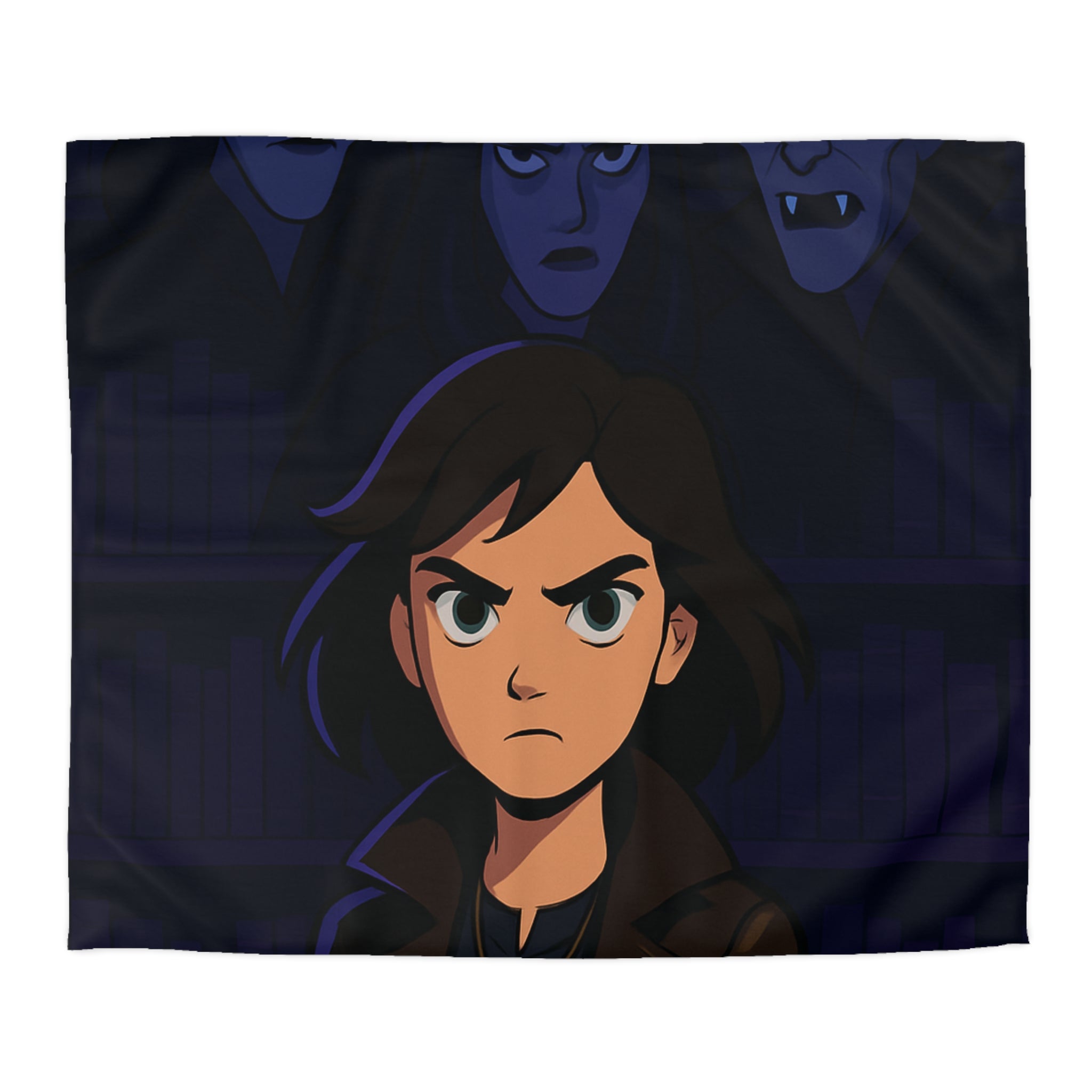 Housse de couette mystérieuse avec personnage sombre et biblio-thème style graphique