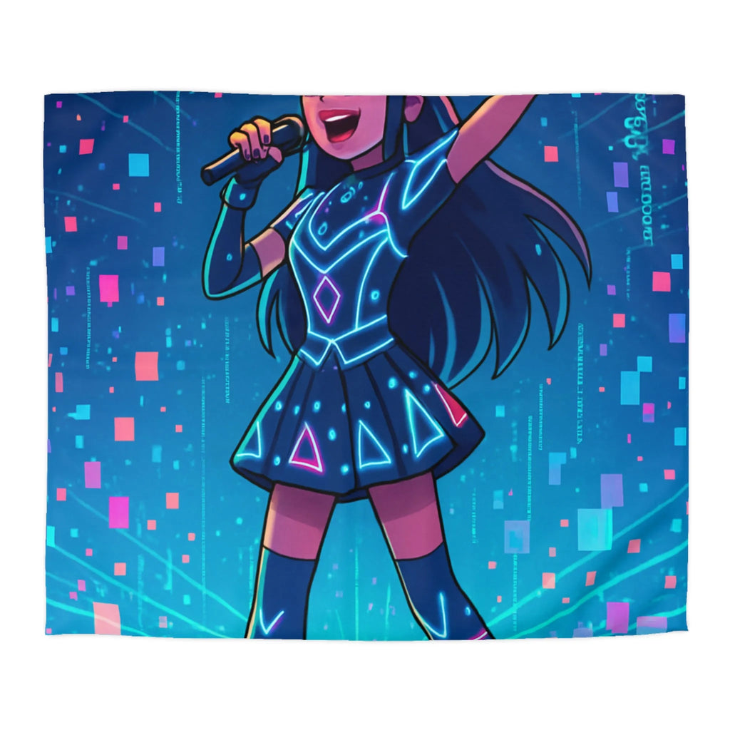 Housse de Couette Fille Chanteuse Néon Style Futuriste Graphiques Lumineux Bleu Rose