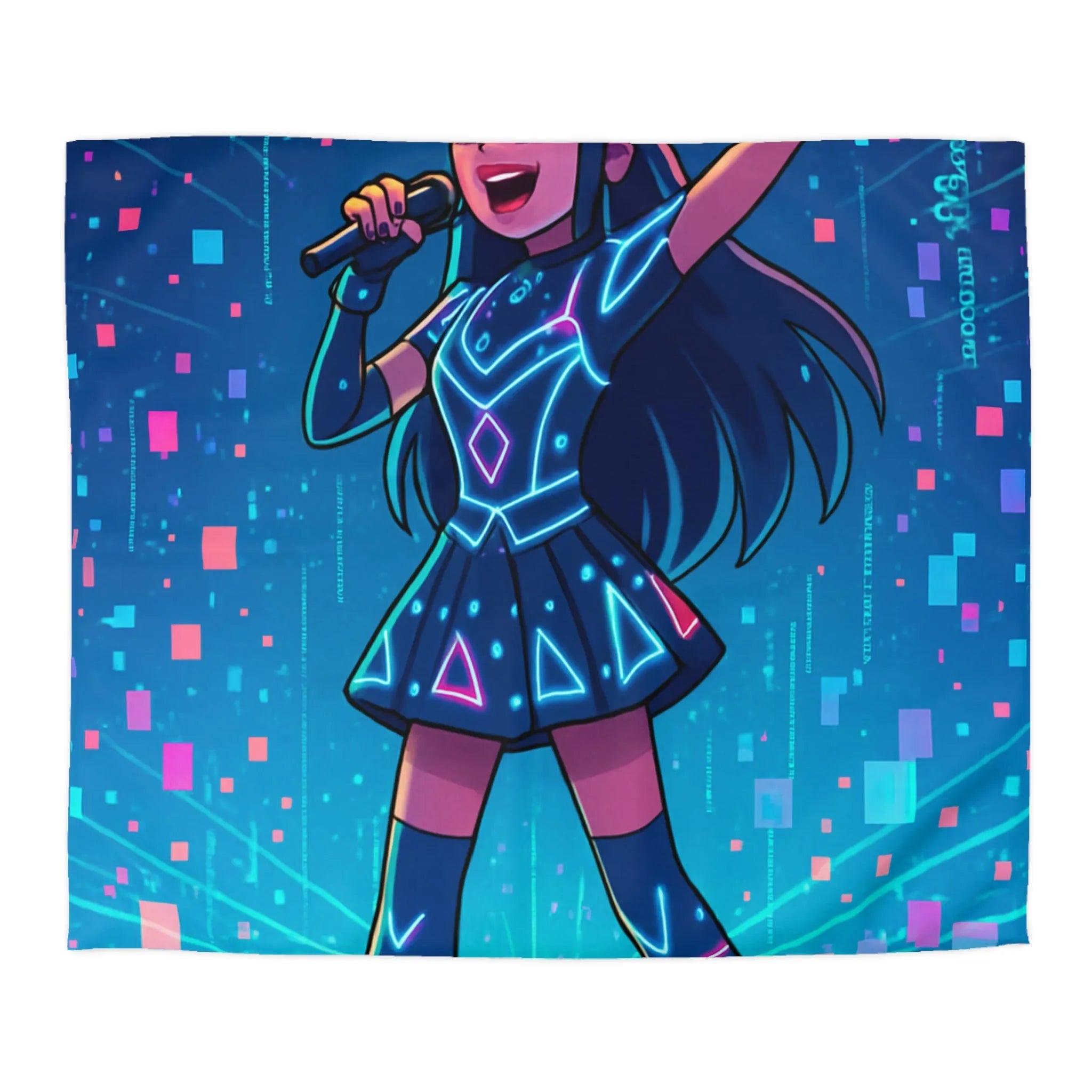Housse de Couette Fille Chanteuse Néon Style Futuriste Graphiques Lumineux Bleu Rose