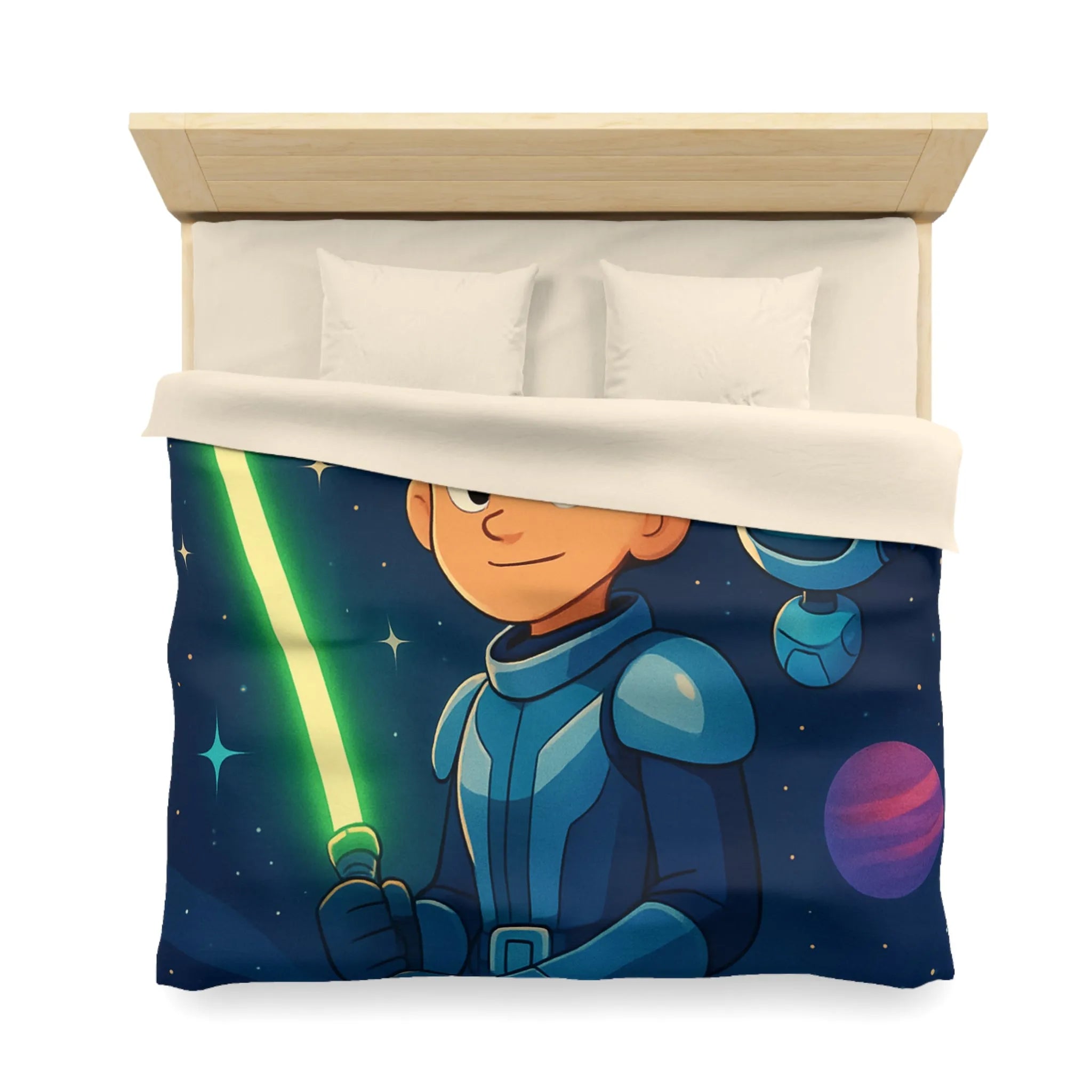 Housse de couette galactique avec enfant et robot, étoiles scintillantes et planètes colorées