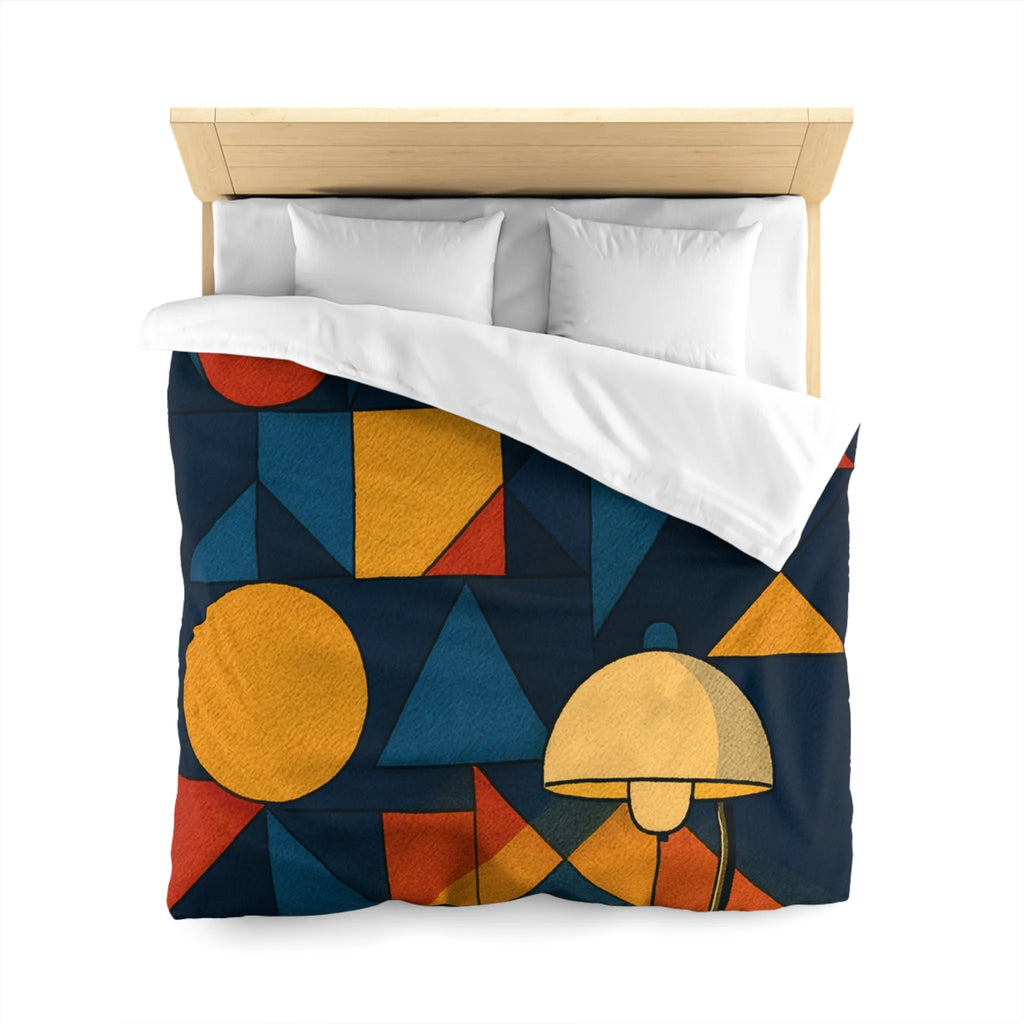 Housse de couette géométrique moderne multicolore avec motifs rétro et ambiance chaleureuse éclairée