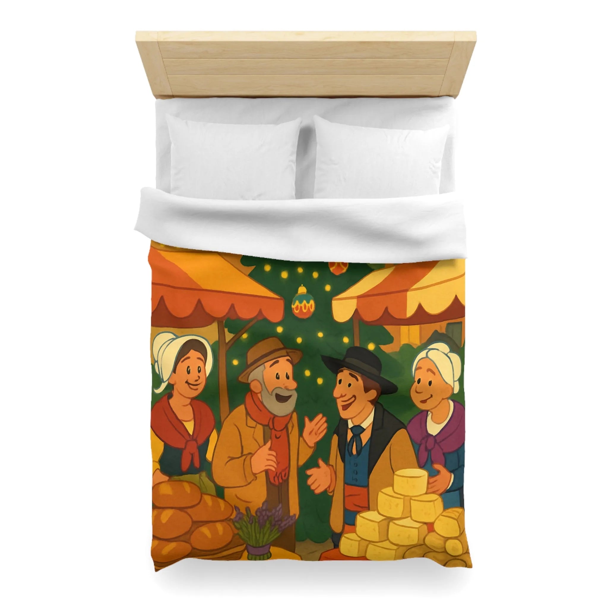 Housse de couette festive avec marché de Noël et sapin illuminé au village