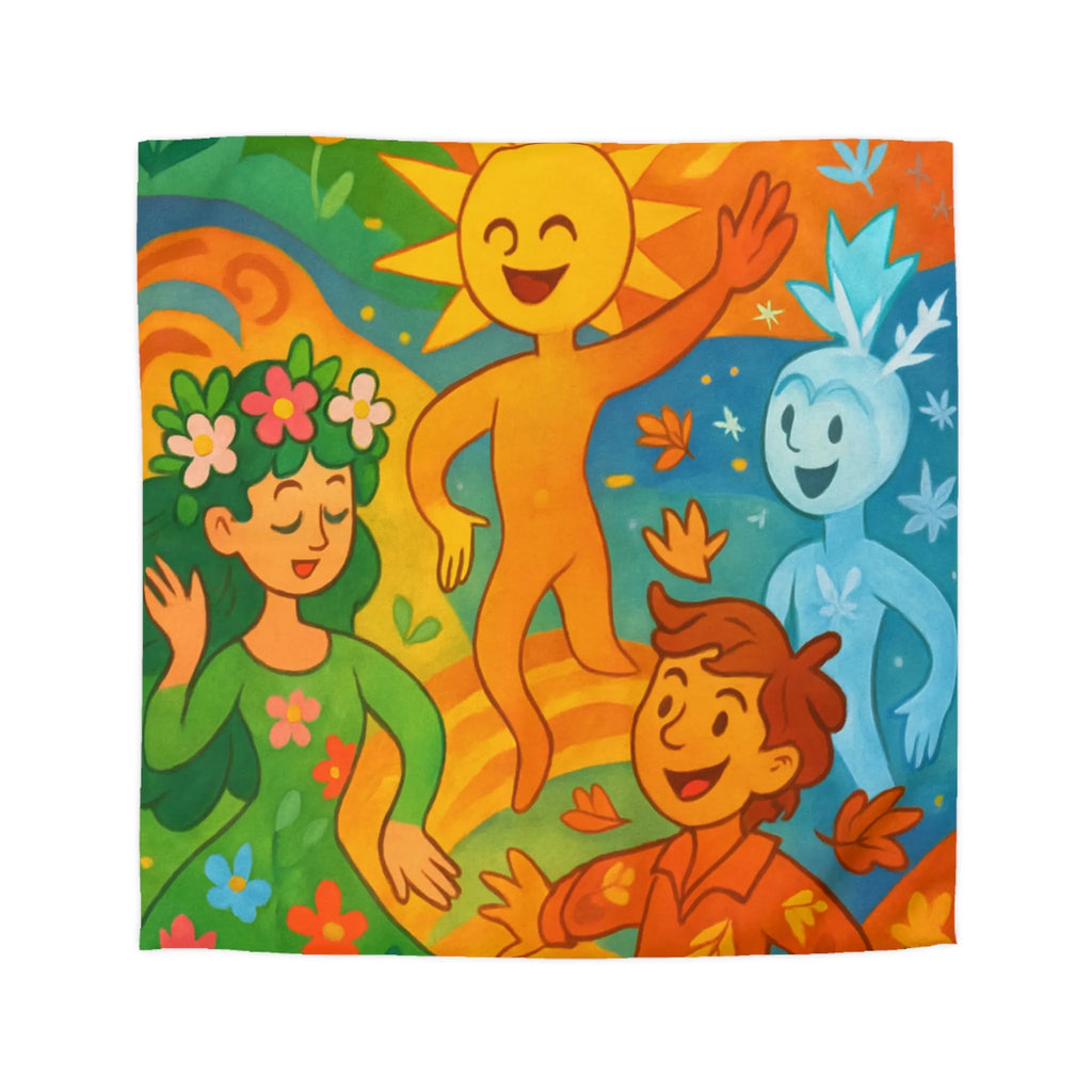 Housse de couette éclatante illustrant les quatre saisons dans un design ludique et coloré