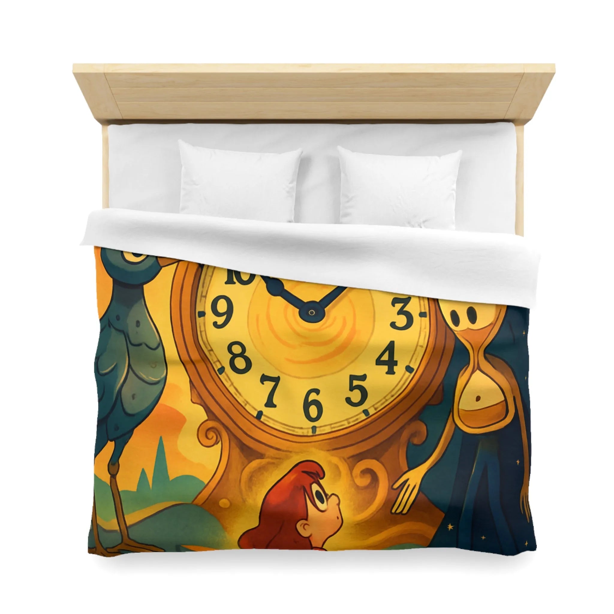 Housse de couette fantastique avec horloge magique et personnages mystérieux en illustration onirique