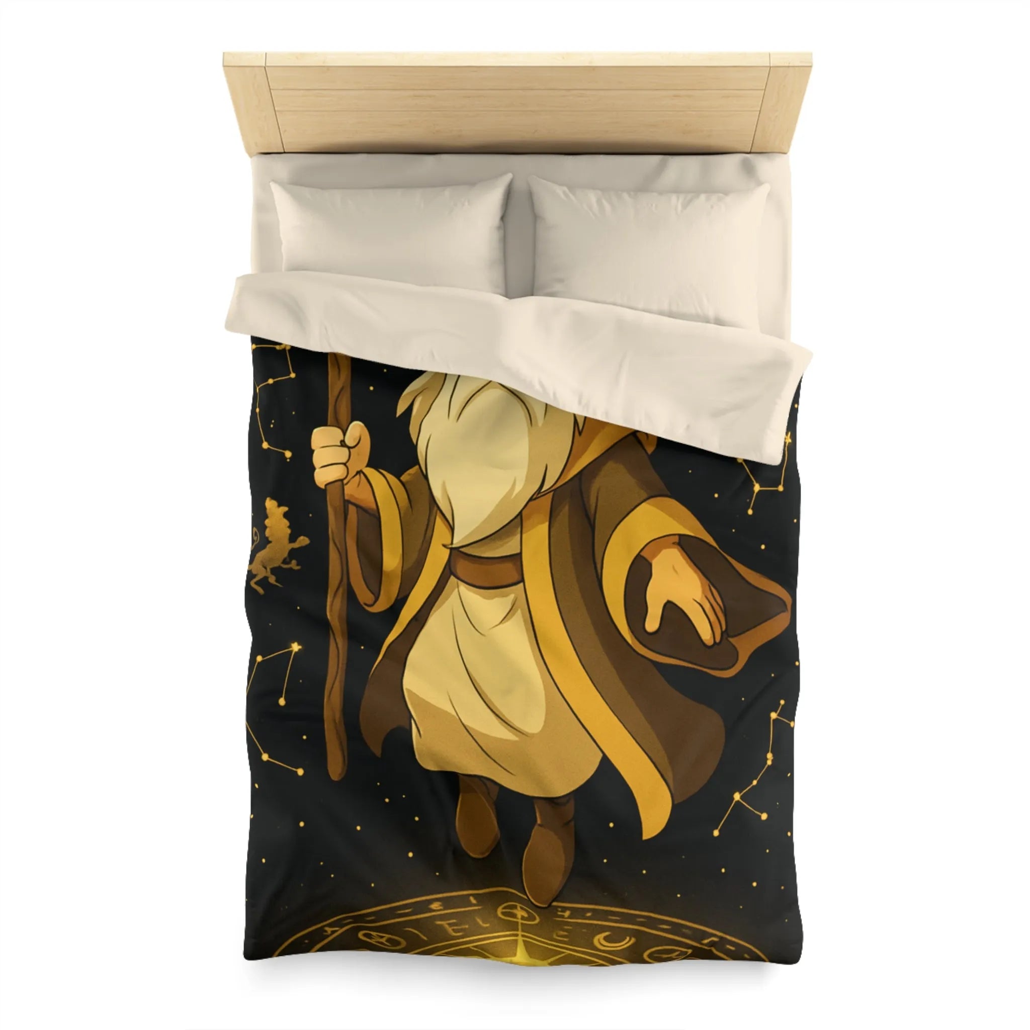 Housse de couette avec magicien illuminé et constellations dorées pour chambres enchantées