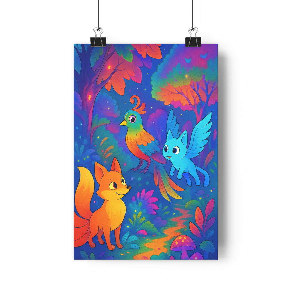 Poster décoratif féerique forêt enchantée renard orange bleu multicolore magique chambre salon 30x46 qualité