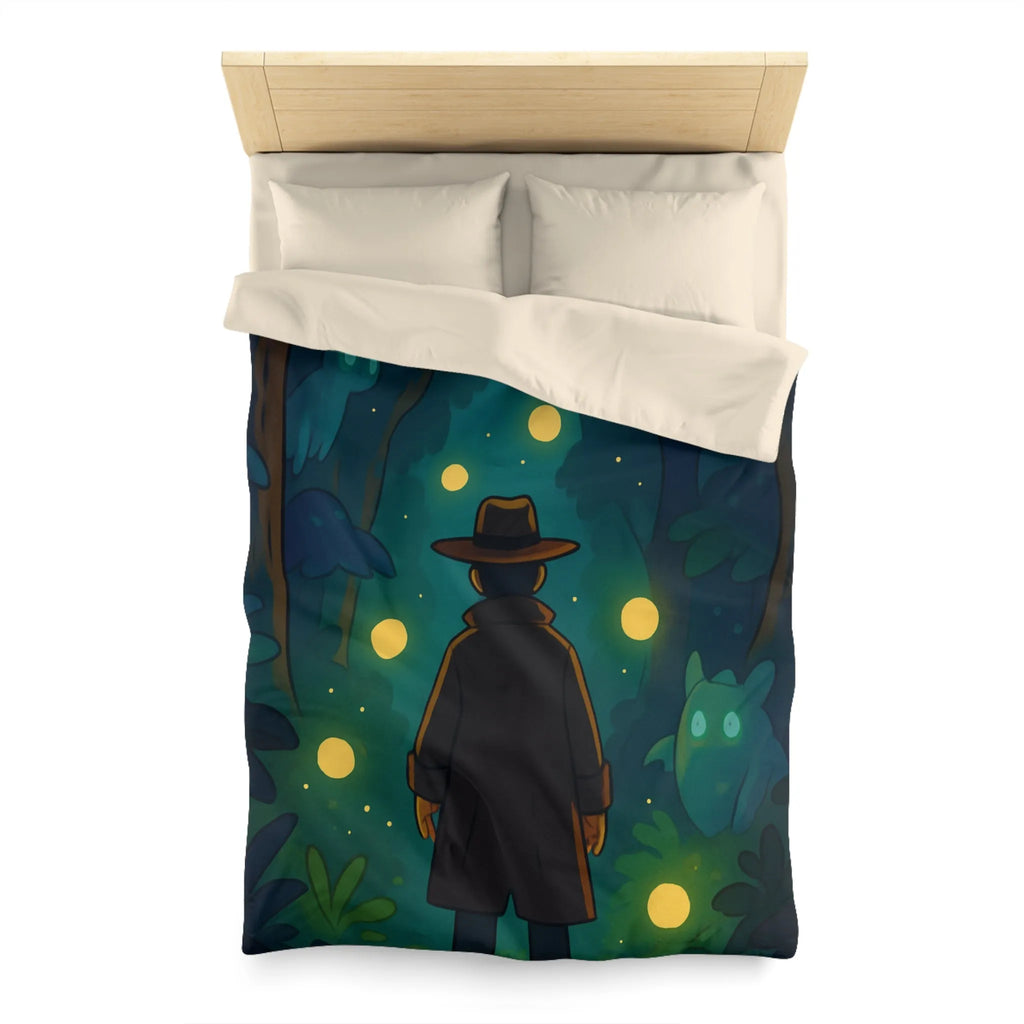 Housse de Couette Forêt Mystique avec Créatures Lumineuses et Promeneur en Chapeau