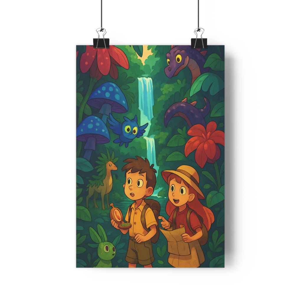 Poster décoratif aventure jungle vibrante dessin animé enfants créatures fantastiques cascade chambre magique vibrant