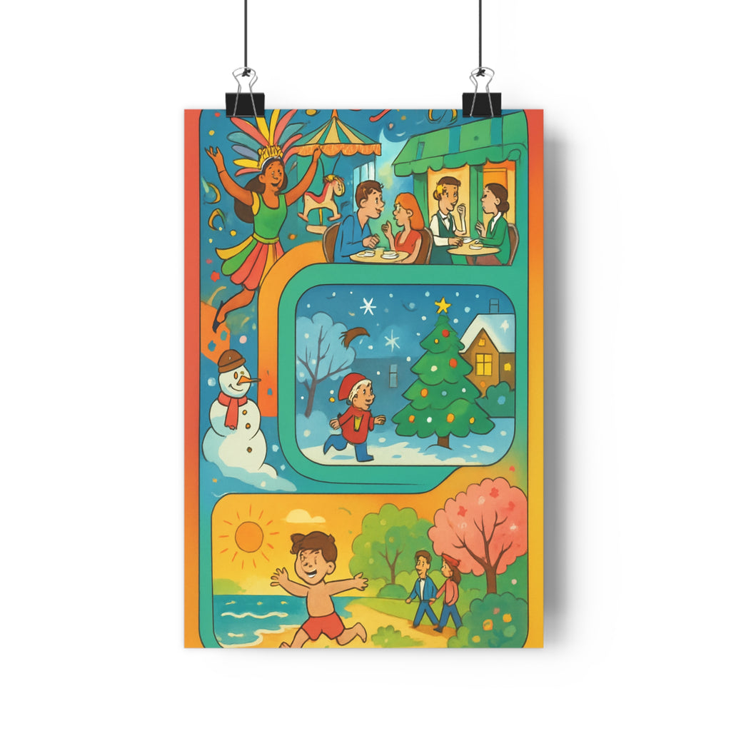 Poster décoratif coloré cartoon joyeux salon chambre enfant dynamique vibrant festif neige plage été