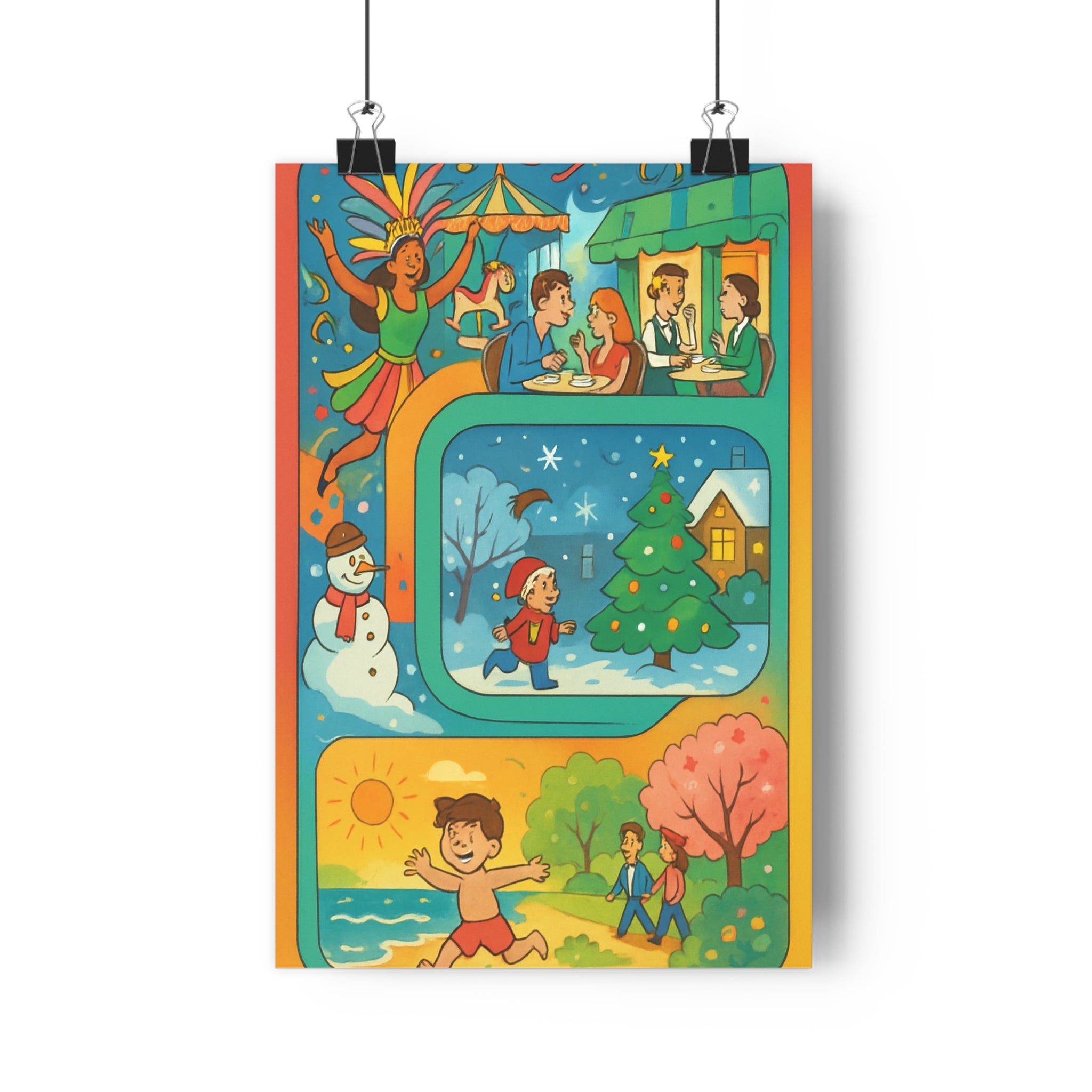 Poster décoratif coloré cartoon joyeux salon chambre enfant dynamique vibrant festif neige plage été