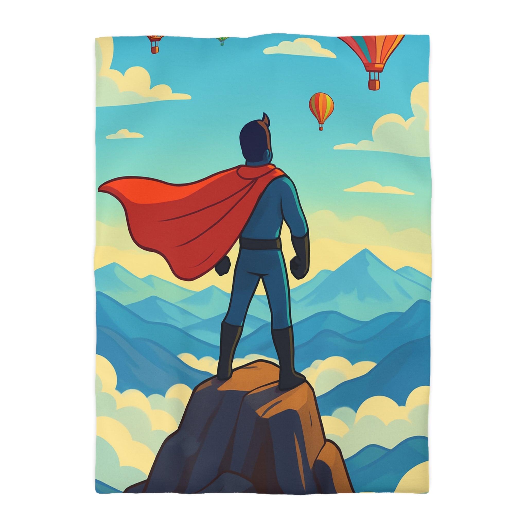 Housse de couette super-héros face montagne montgolfières colorées ciel bleu rêve