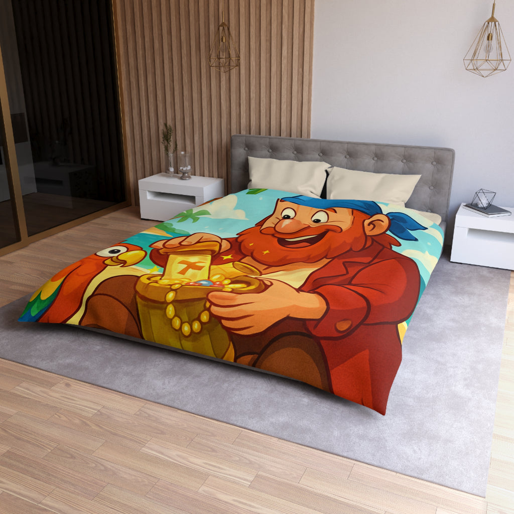 Housse de couette pirate joyeux trésor plage, perroquet coloré, mer et palmiers