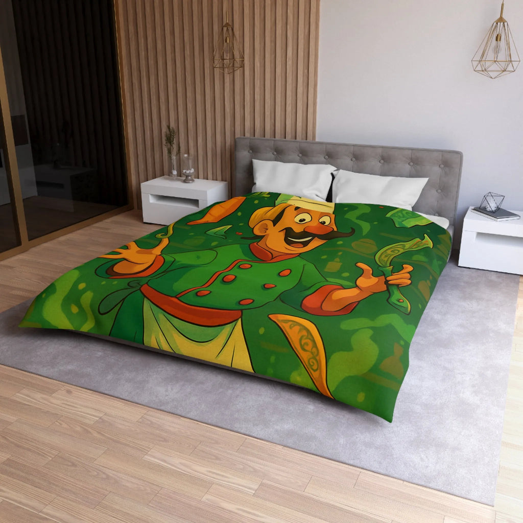 Housse De Couette Chef Cartoon Coloré Jonglant Avec Légumes Dans Cuisine Magique Verte