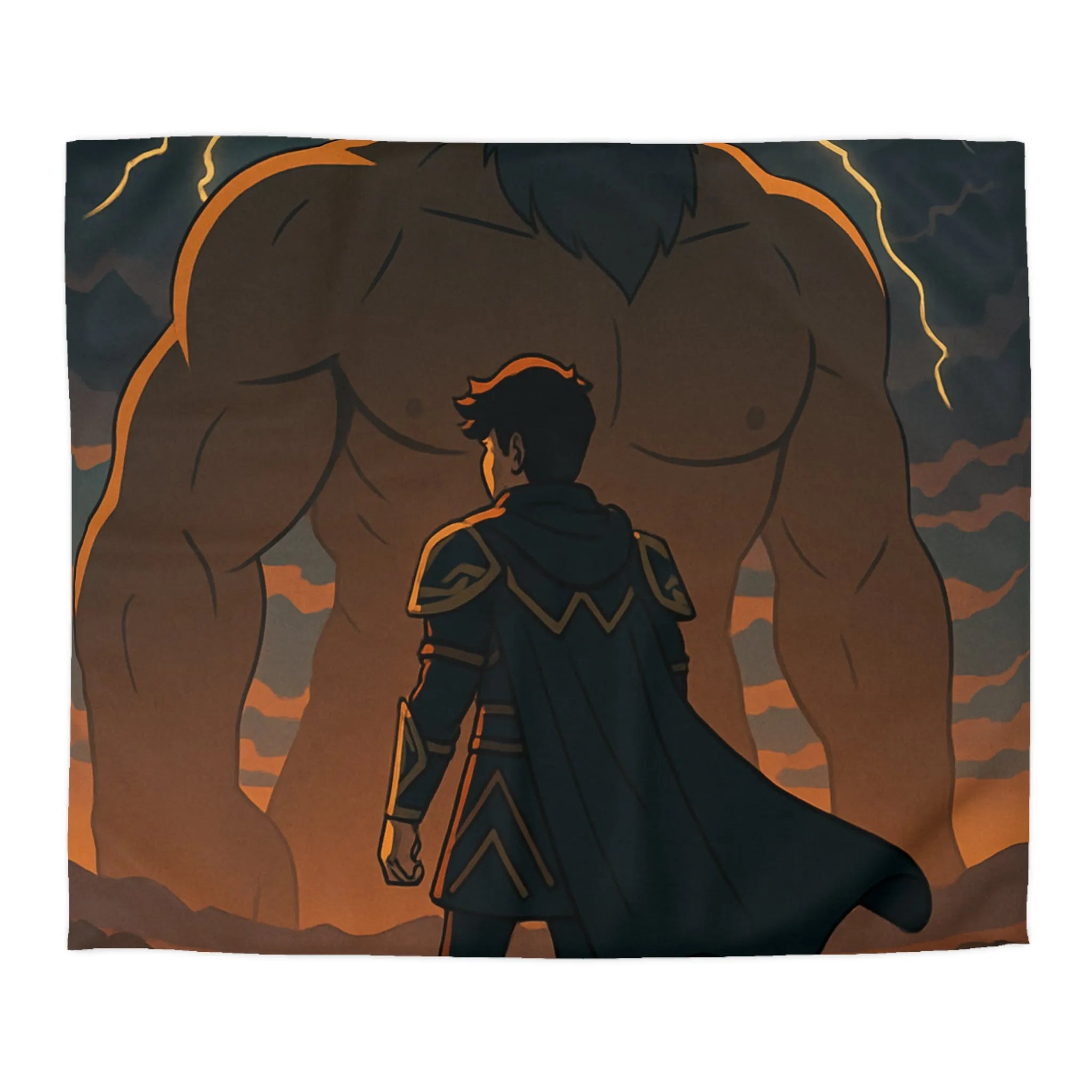 Housse de couette épique avec guerrier et géant sous orage électrique dramatique