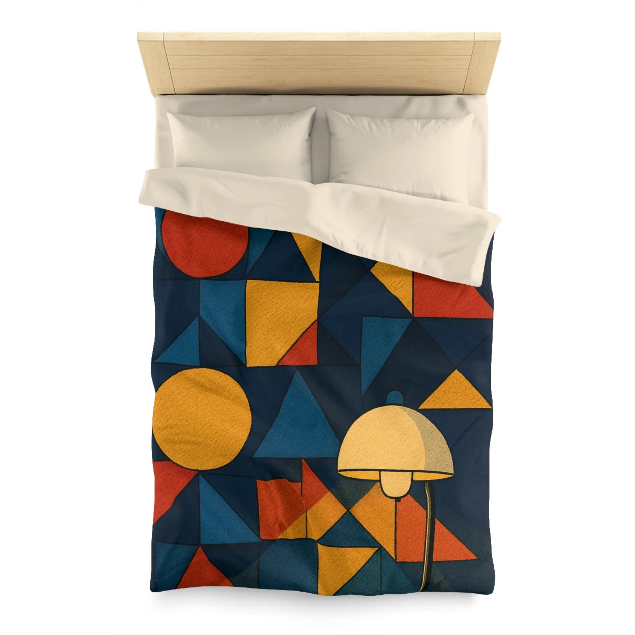 Housse de couette géométrique moderne multicolore avec motifs rétro et ambiance chaleureuse éclairée