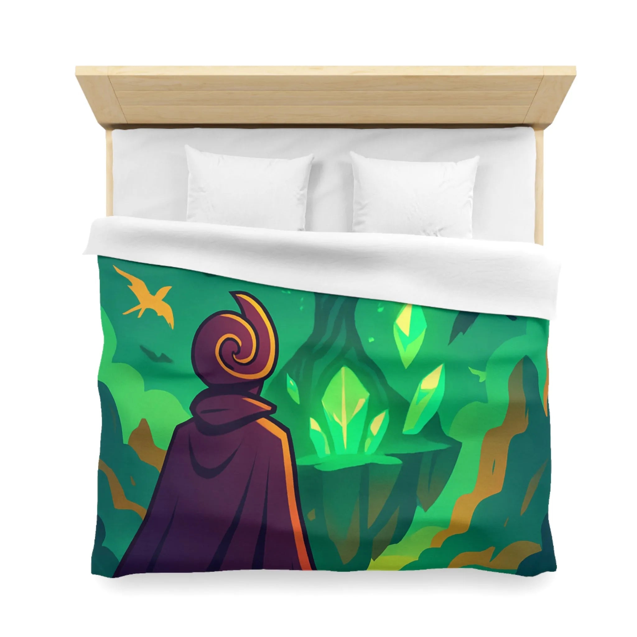 Housse de couette magique avec arbre brillant flottant, créatures volantes et paysages féeriques