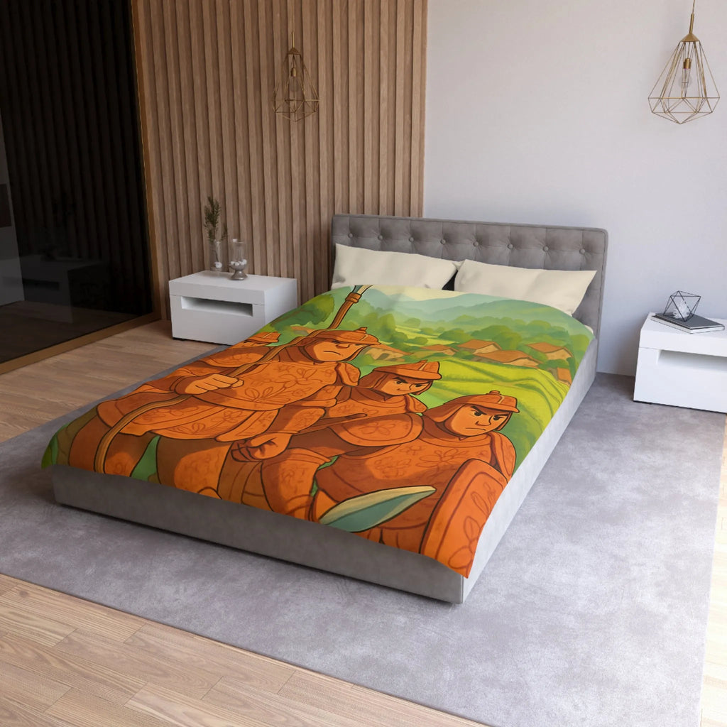 Housse de couette illustrée guerriers médiévaux champêtres dégradé vert orange doux et enfantin