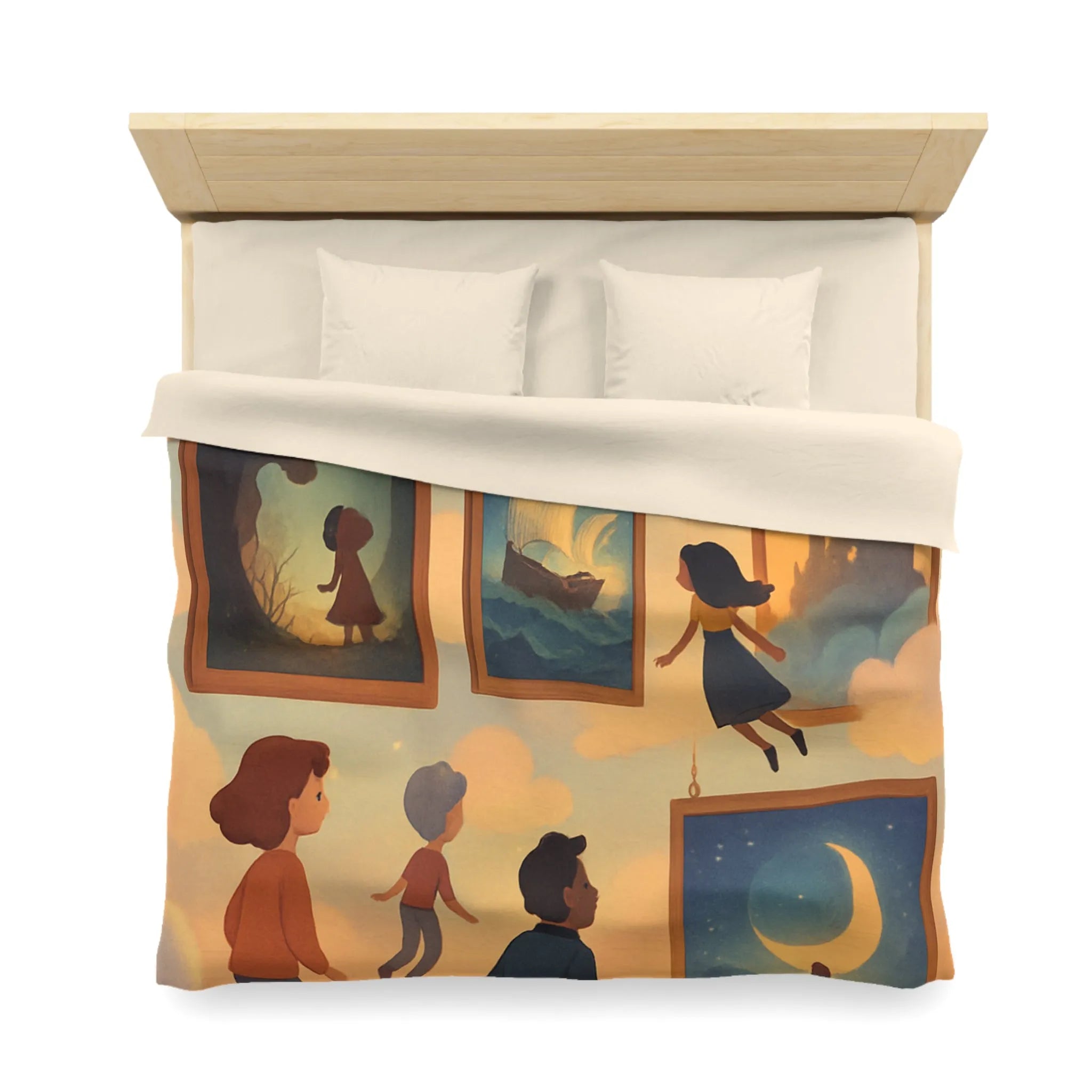 Housse de couette avec enfants volant parmi des tableaux de contes et de rêves