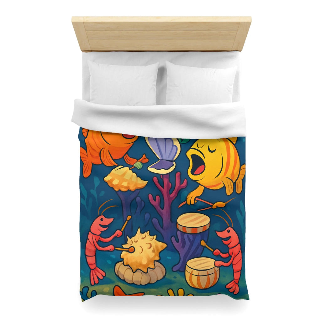Housse de couette illustration colorée avec poissons chantants et crustacés musicaux sous l'océan