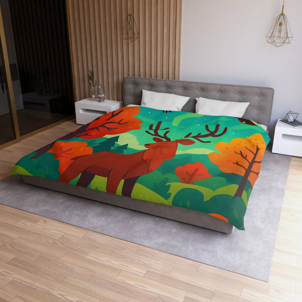 Housse de Couette Illustrée : Cerf Enchanté et Aurore Boréale dans Forêt Féérique