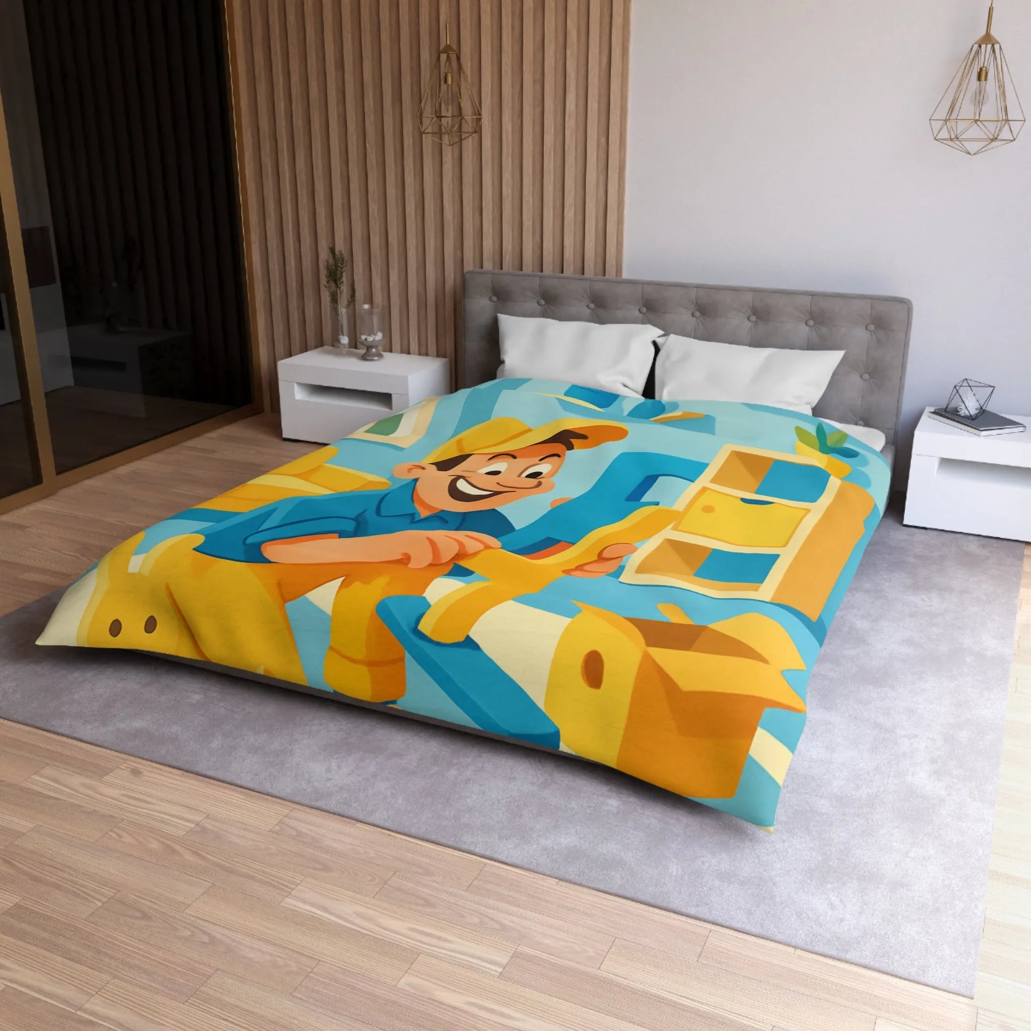 Housse de couette colorée avec personnage joyeux assemblant des jouets dans une pièce ensoleillée