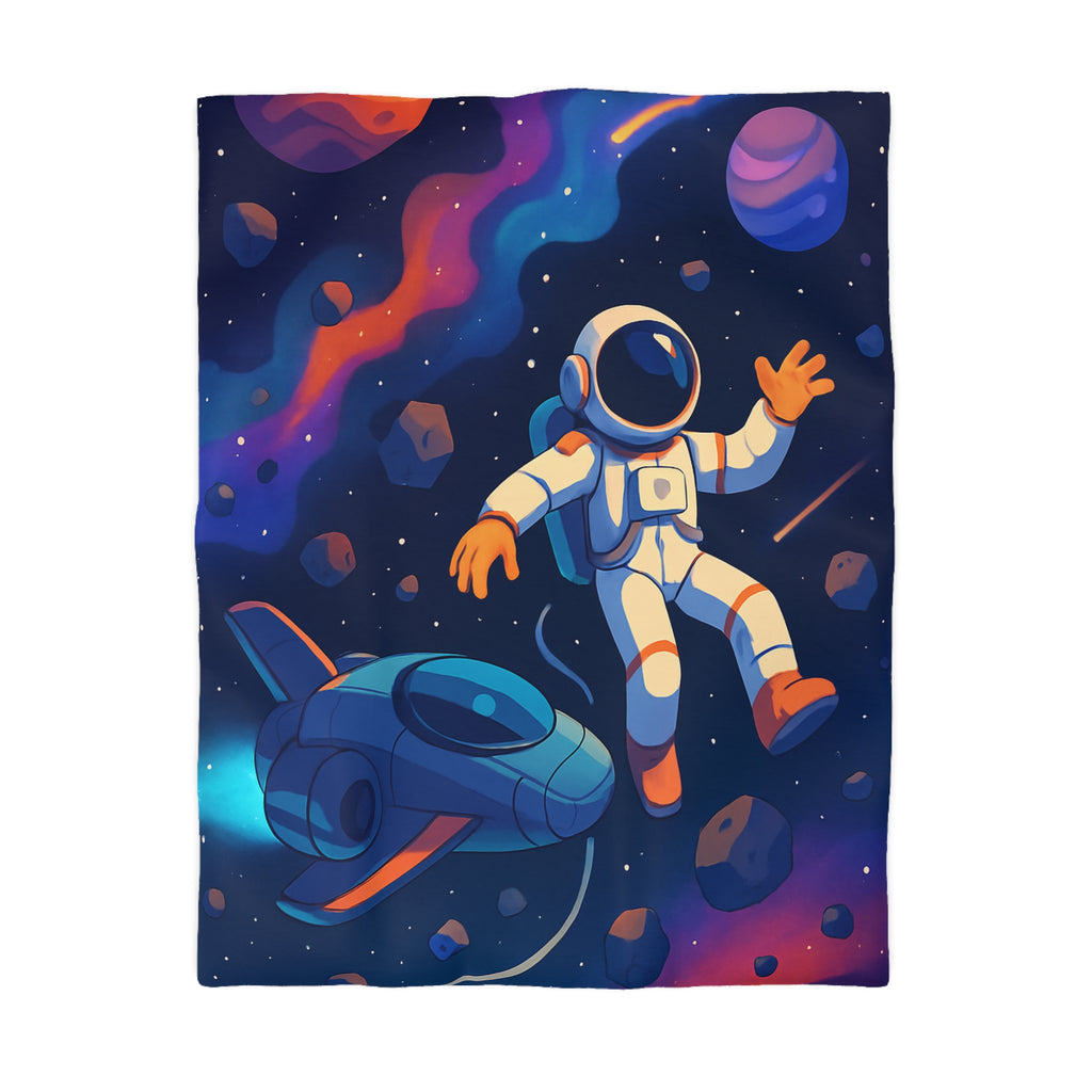 Housse de couette spatiale colorée avec astronaute flottant parmi planètes et étoiles