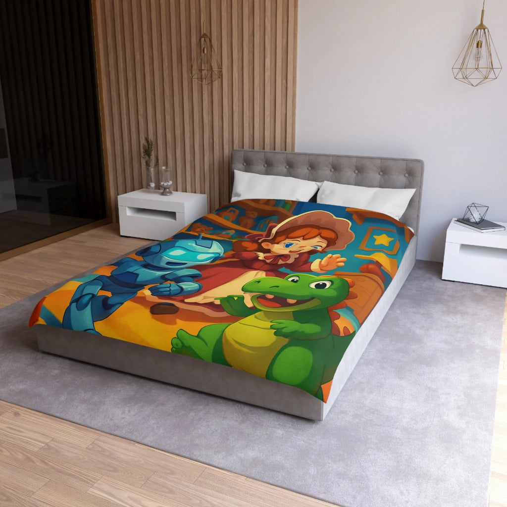 Housse de couette colorée avec robot, dinosaure et poupée en chambre enfantine