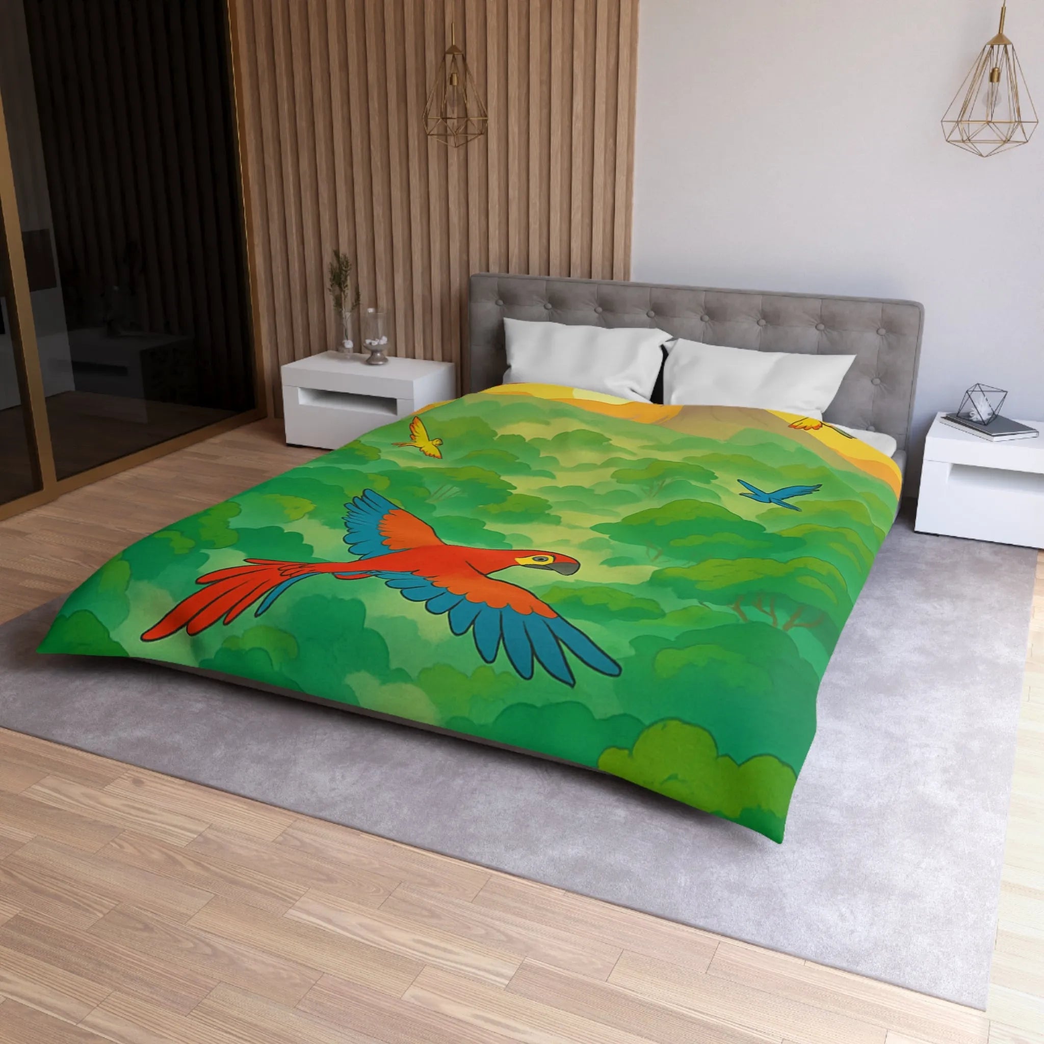 Housse de Couette Colorée Tropicale avec Perroquets et Paysage de Forêt Exotique