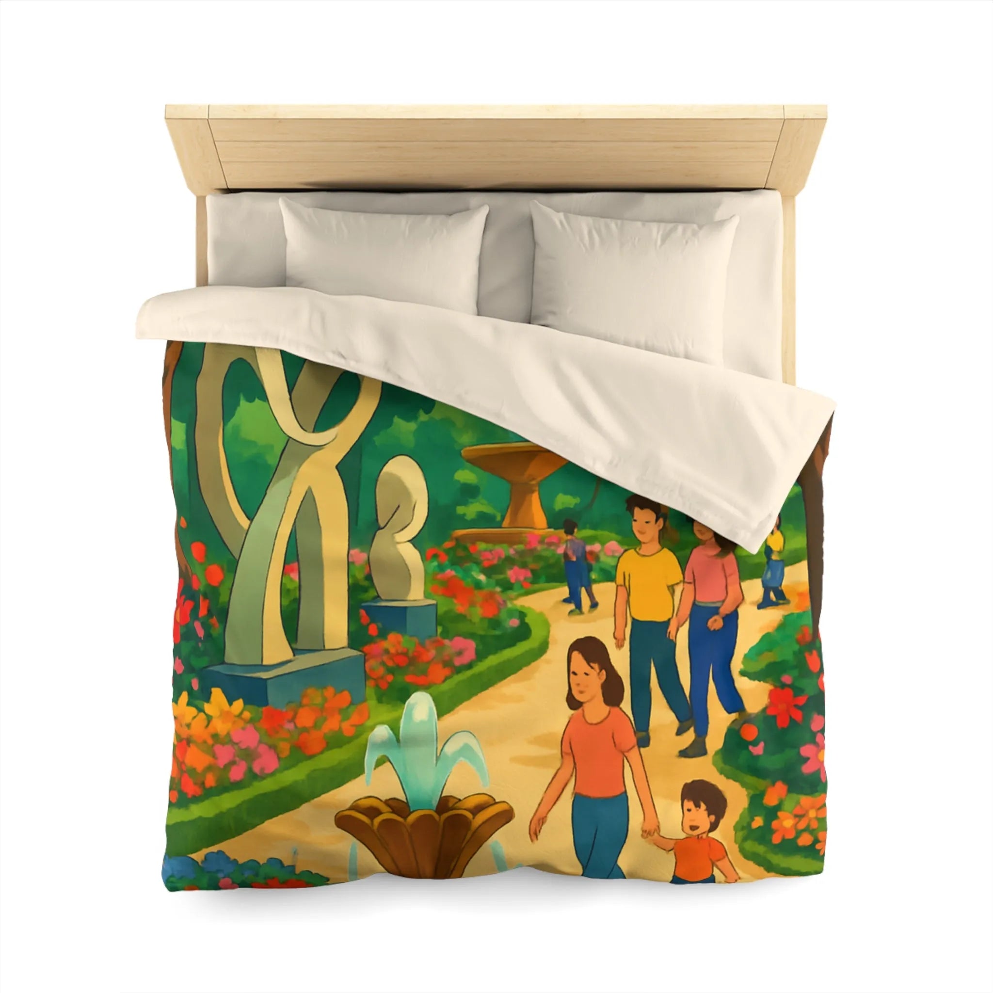 Housse de Couette Colorée Illustrant un Jardin avec Oiseaux et Familles en Promenade