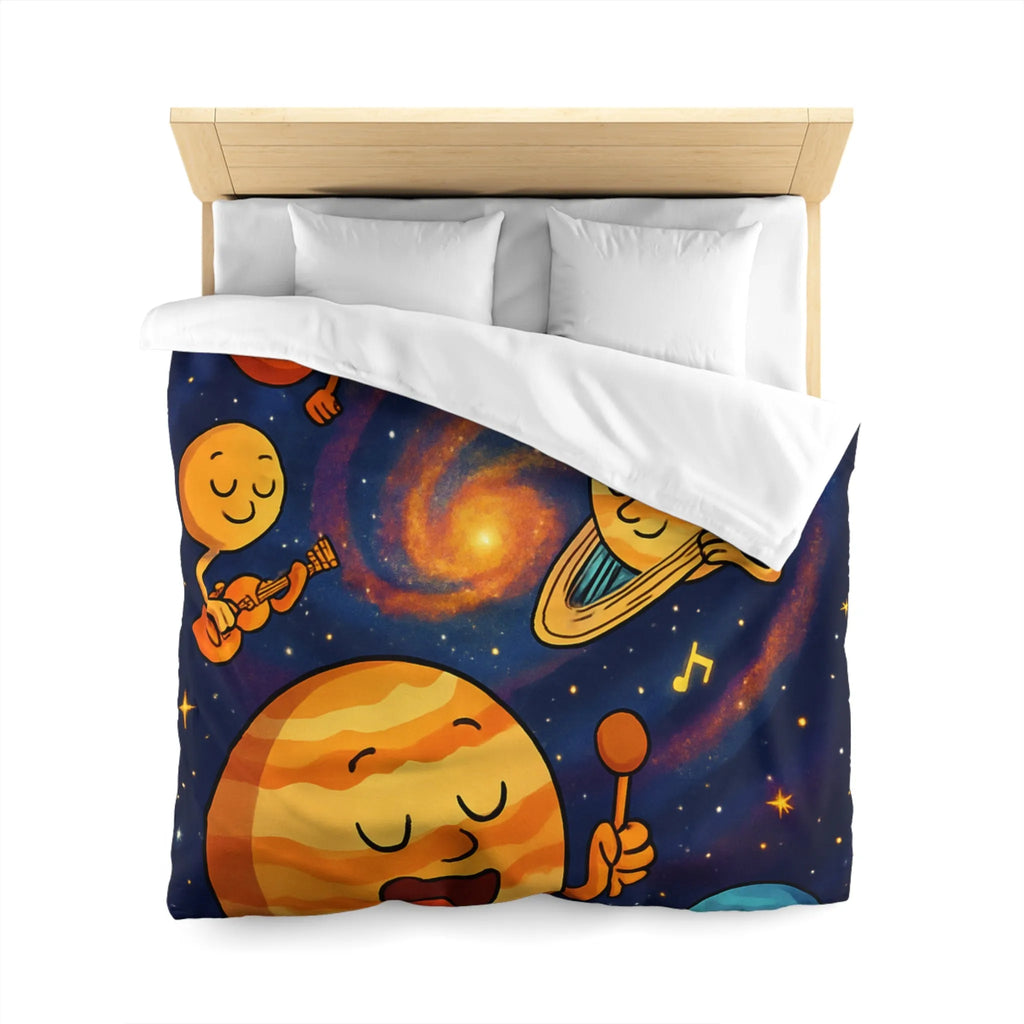 Ensemble joyeux de planètes musiciennes dans l'univers coloré pour housse de couette enfant