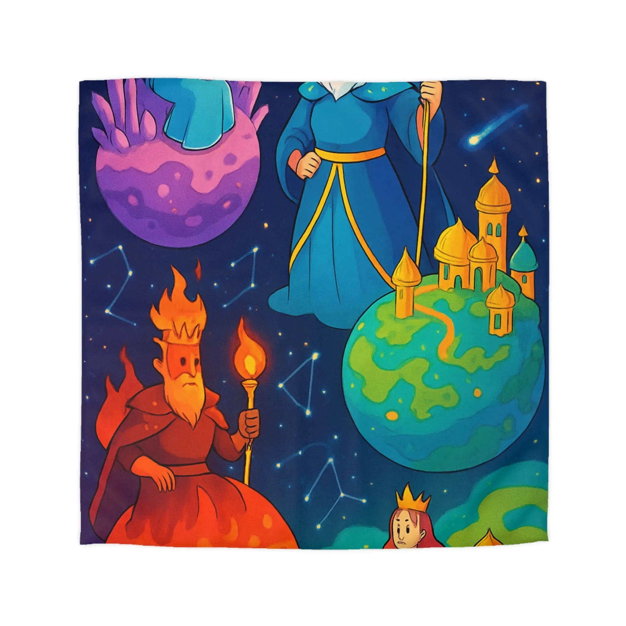 Housse de Couette Imaginaire avec Rois et Reines sur Planètes Mystiques Étoilées