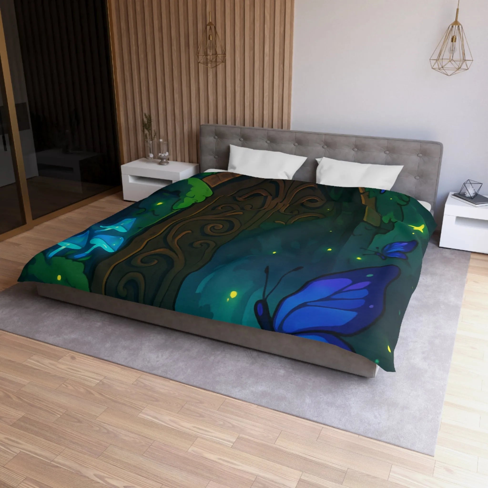 Housse de couette magique bleu papillons et porte en bois mystérieuse forêt enchantée