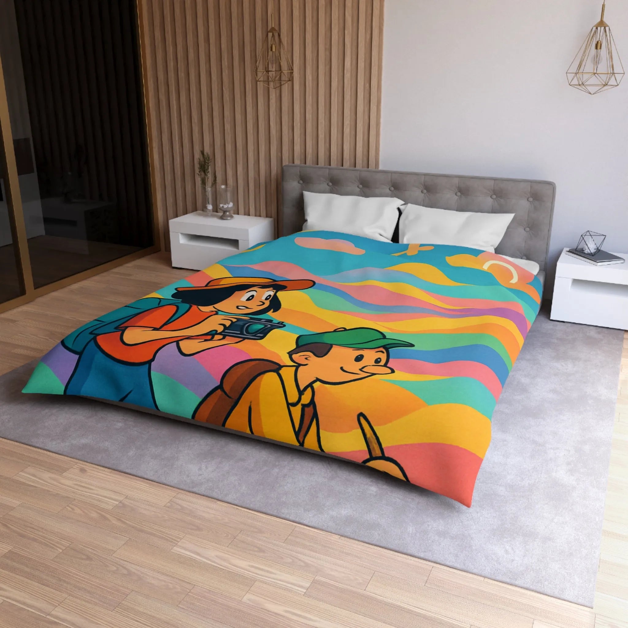 Housse de Couette Enfant avec Effet Arc-en-ciel et Motifs Oniriques Pleins de Couleurs