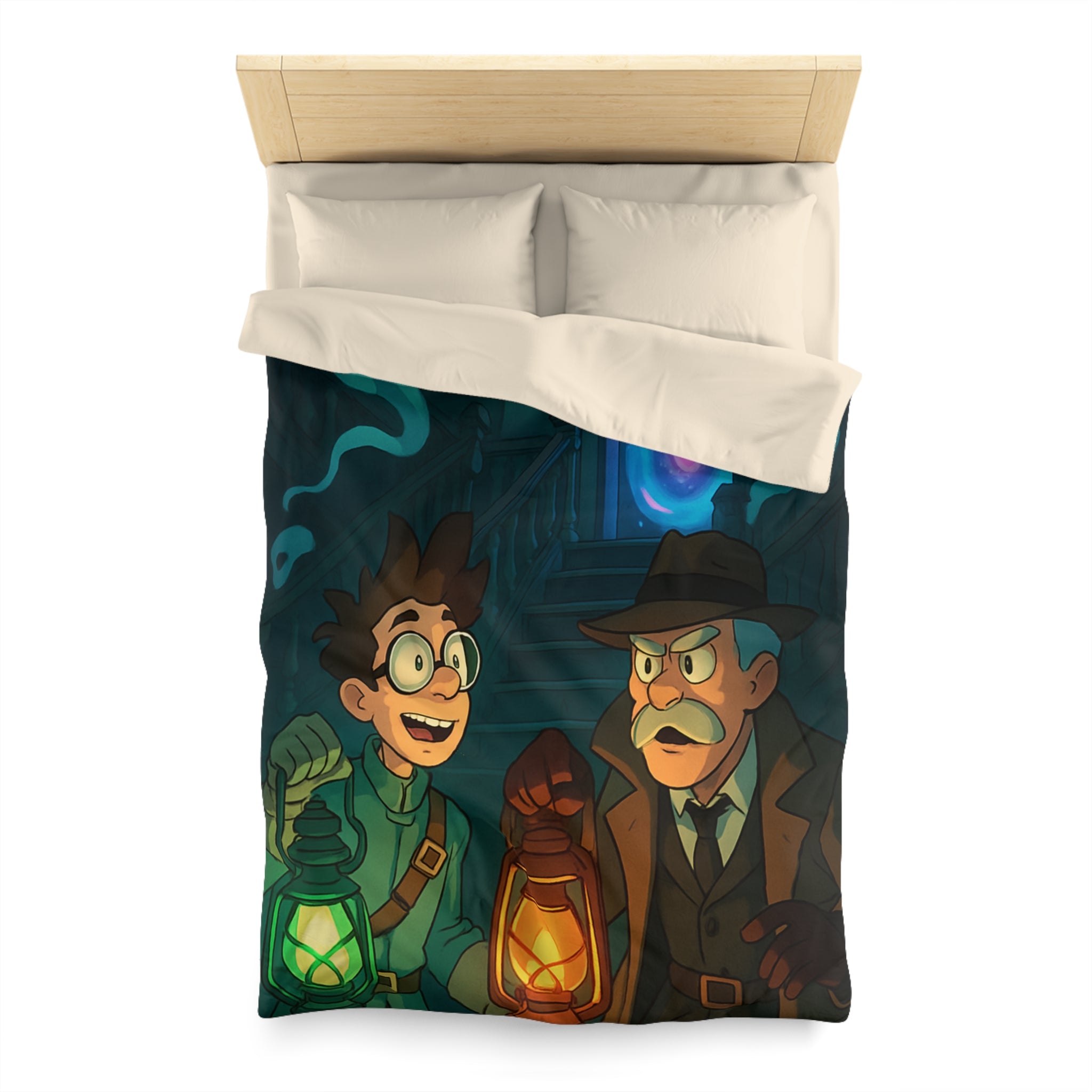 Housse de couette mystère avec lanternes, enquêteurs, fantômes et portail mystérieux