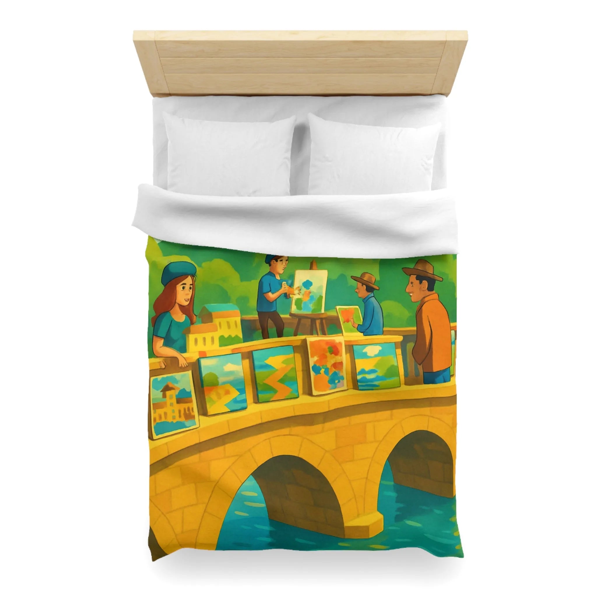 Housse de couette colorée thème pont artistique avec moulins à vent et paysage