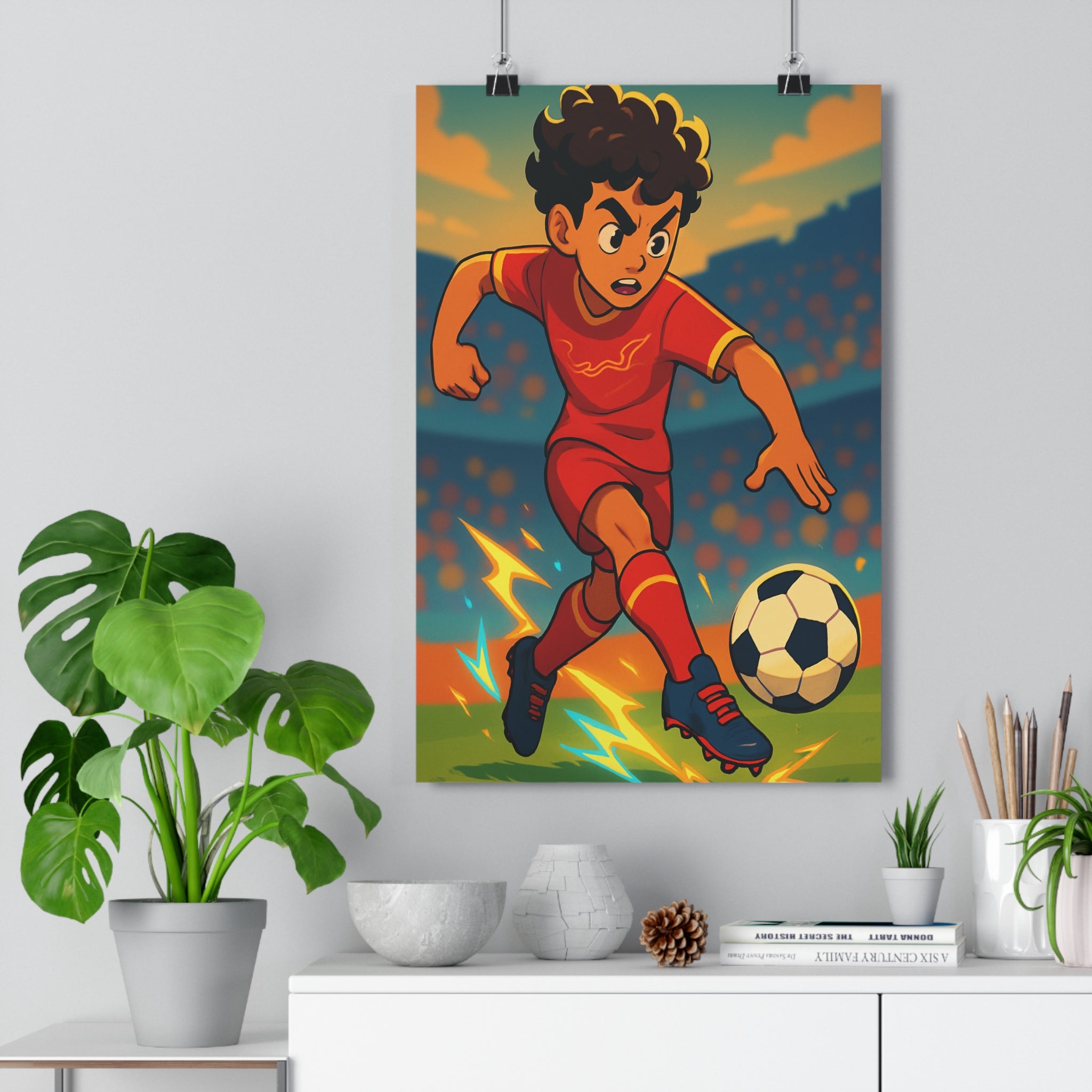 Poster décoratif football rouge bleu animé énergique chambre enfant sport dynamique éclair vibrant qualité