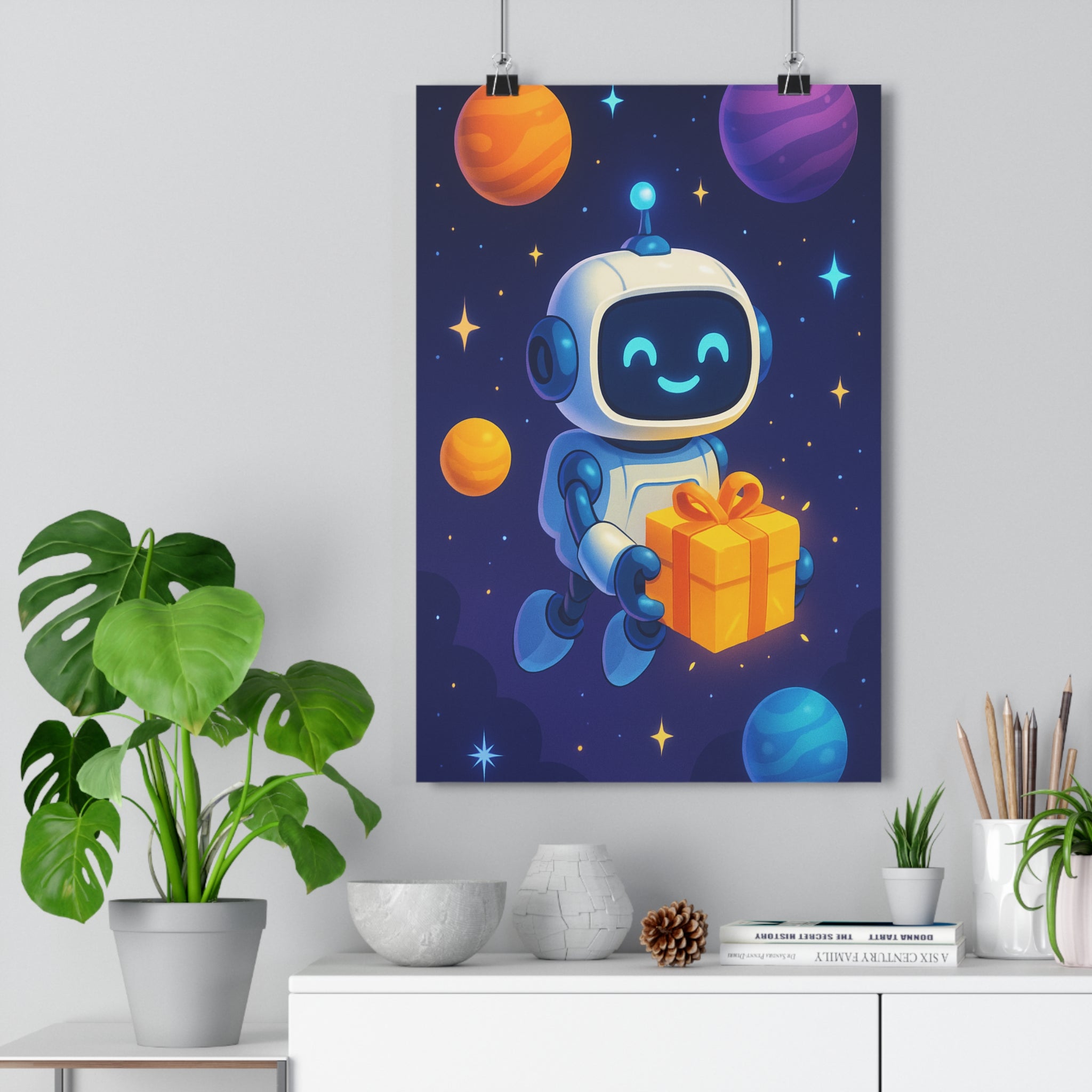 Poster décoratif futuriste bleu orange violet joyeux chambre enfant bureau créatif intergalactique 30x46 cm