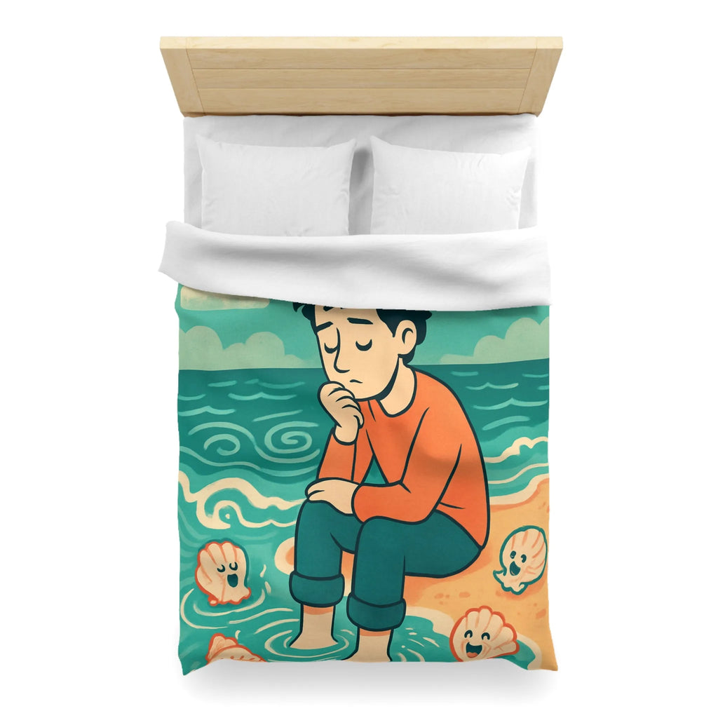 Housse de couette avec illustration rêveuse garçon pensif et coquillages joyeux sur plage