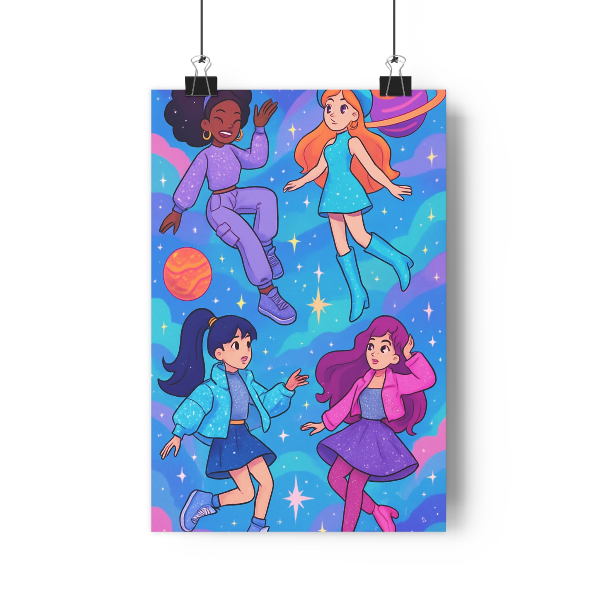 Poster décoratif animé figures féminines cosmique bleu violet rose rêveur chambre créatif 30x46 cm