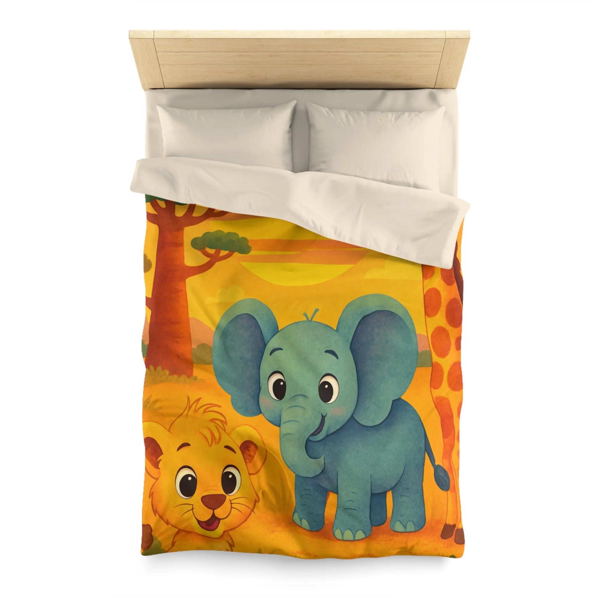 Housse de couette enfants safari animaliers avec lion, éléphant et girafe rigolos