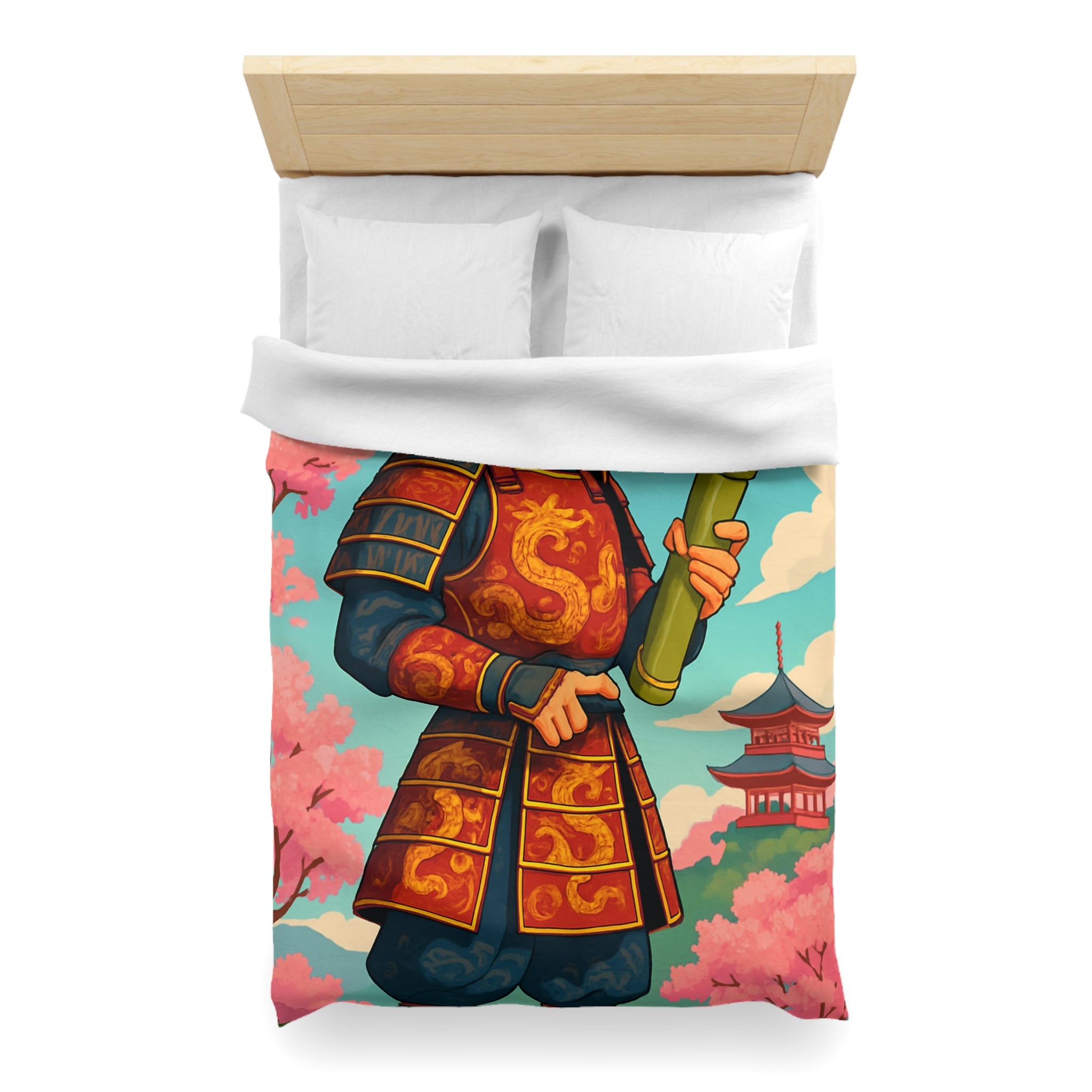 Housse de Couette Samouraï Japonais avec Armure Traditionnelle et Cerisiers en Fleurs