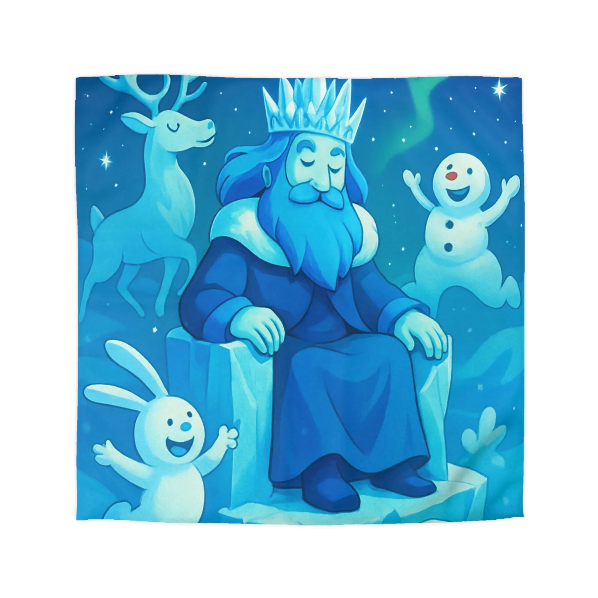 Housse de couette bleue roi de glace avec animaux et aurore boréale hivernale festive