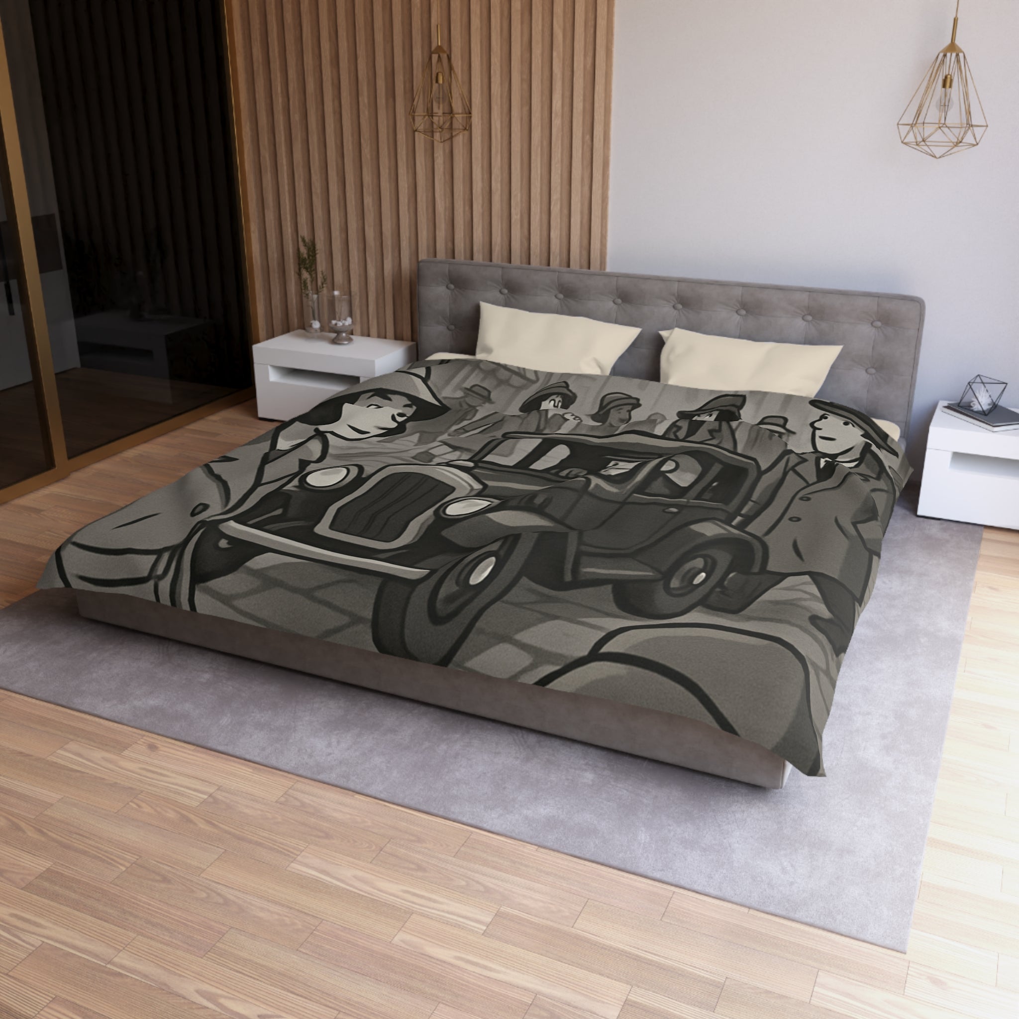 Housse de Couette Vintage avec Rue Animée et Voiture des Années 1930