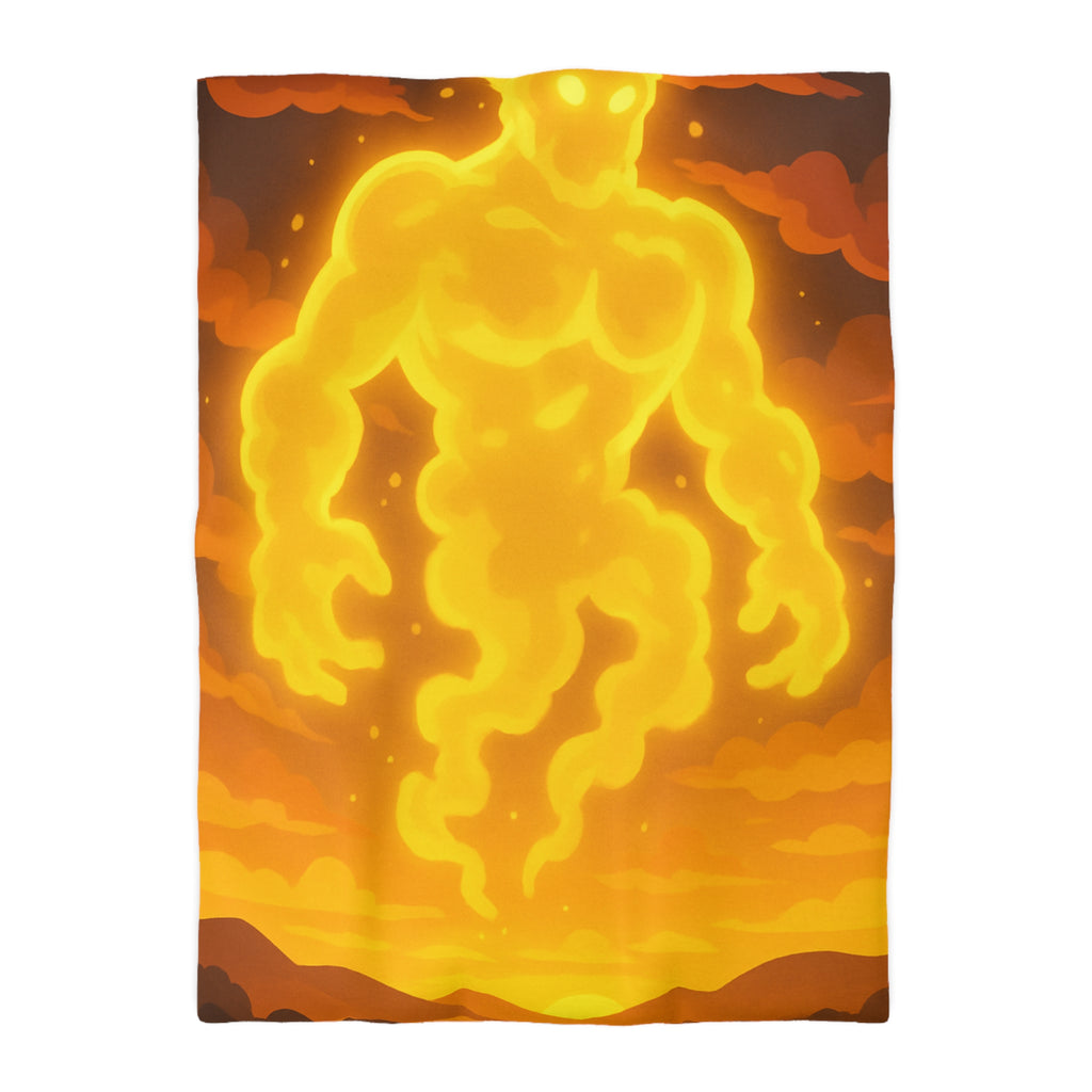 Vision onirique d'un géant flamboyant illuminant un paysage crépusculaire surréaliste en jaune