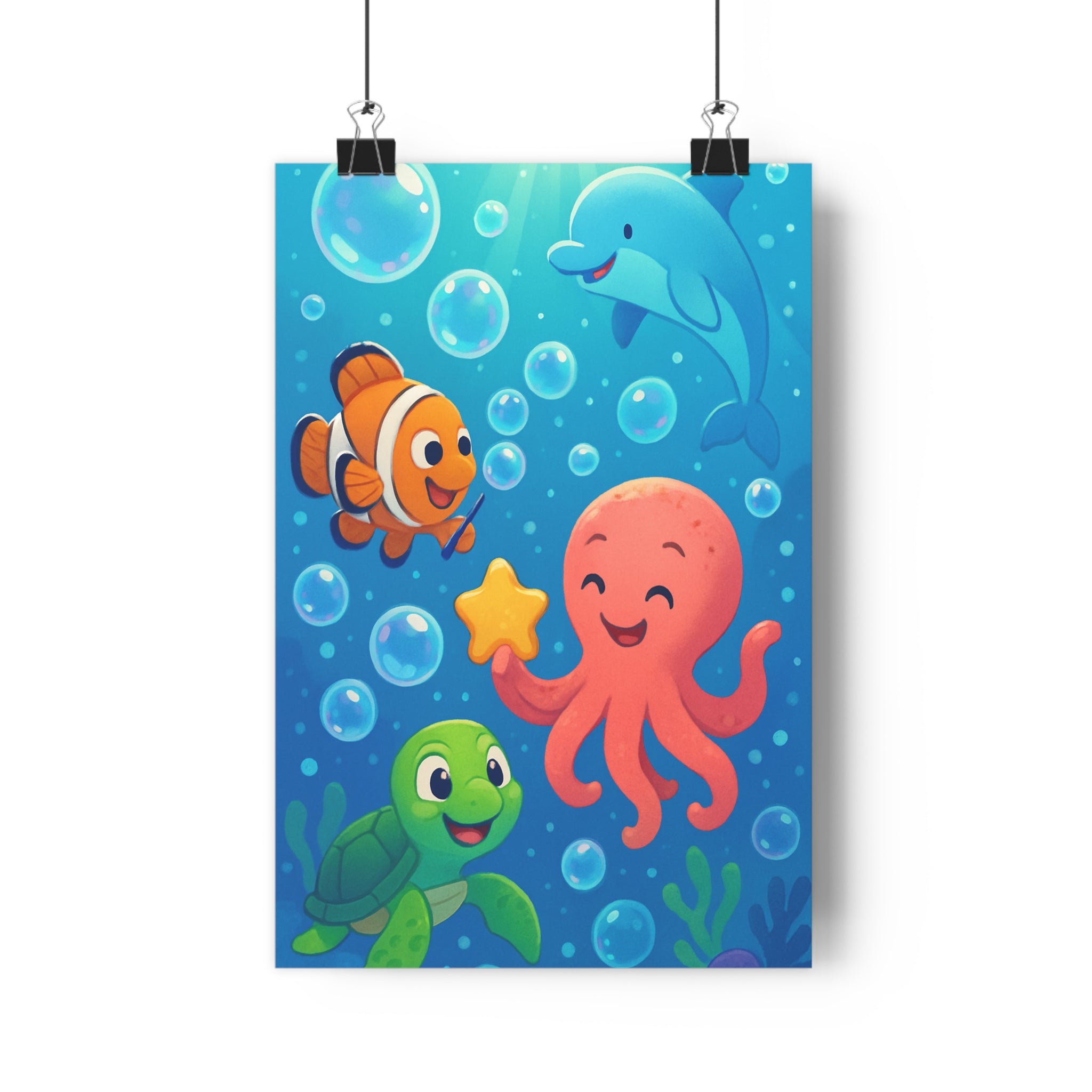 Poster décoratif aquatique cartoon bleu vert joyeux salle bain enfant dauphin tortue pieuvre 30x46