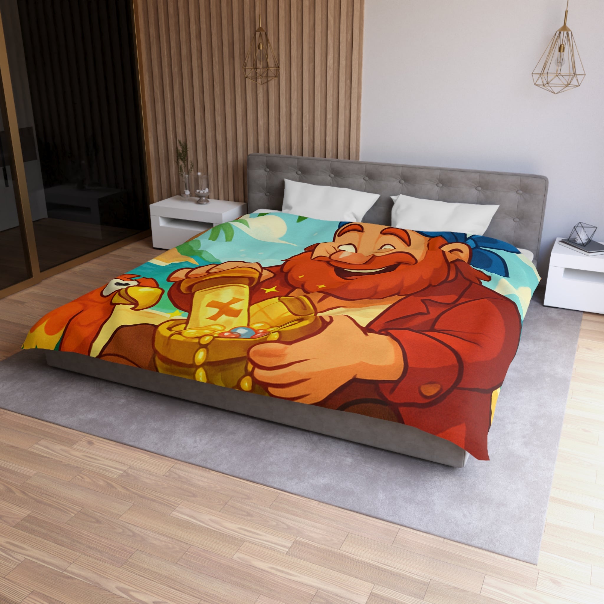 Housse de couette pirate joyeux trésor plage, perroquet coloré, mer et palmiers