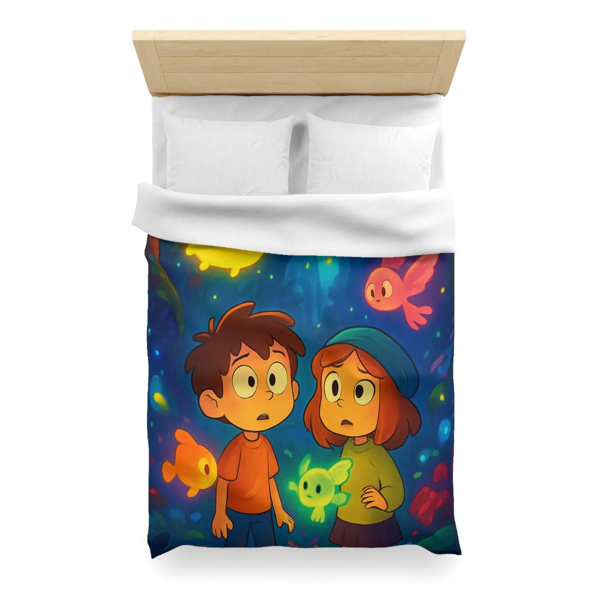 Housse de Couette Enfant Fantaisie avec Créatures Lumineuses dans Forêt Mystérieuse et Enchantée