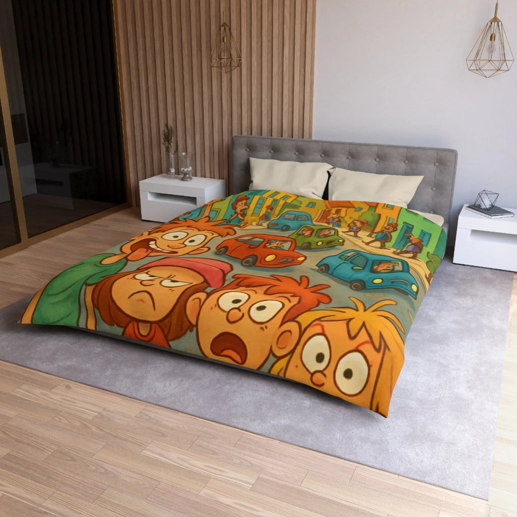 Housse de couette enfants joyeuse ville animée avec personnages colorés et expressions vives