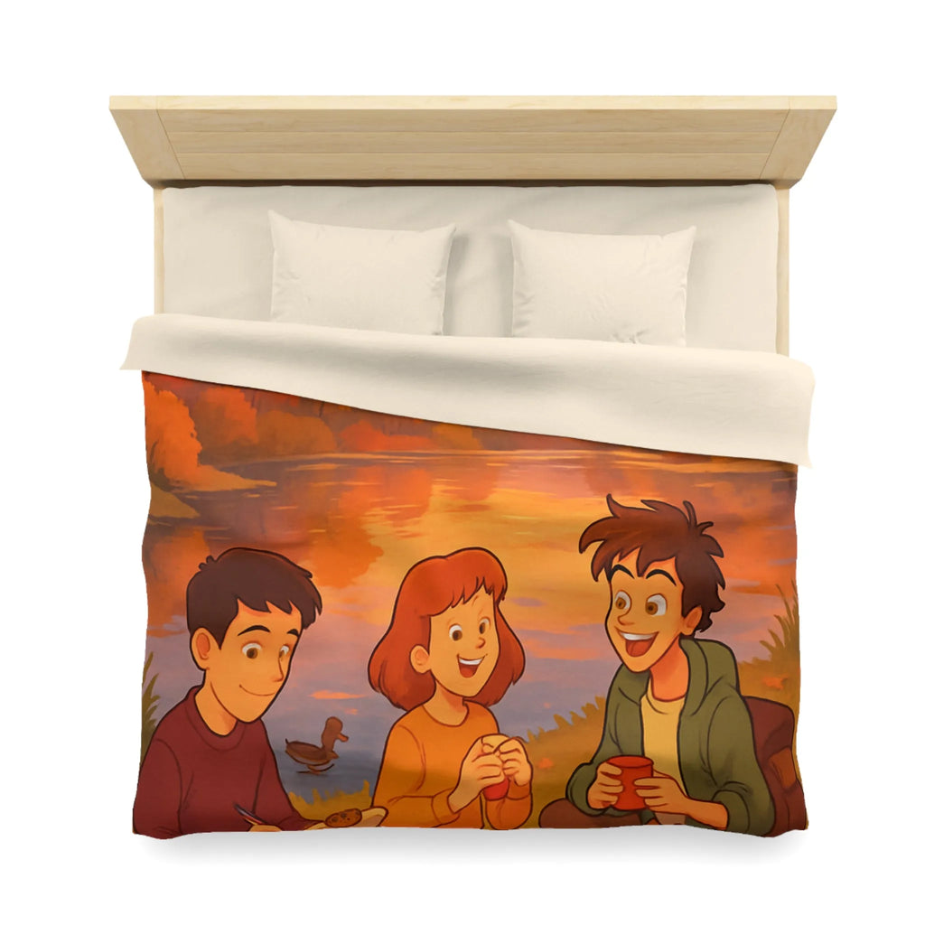 Housse de couette illustrée avec scène automnale de pique-nique au bord d'un lac